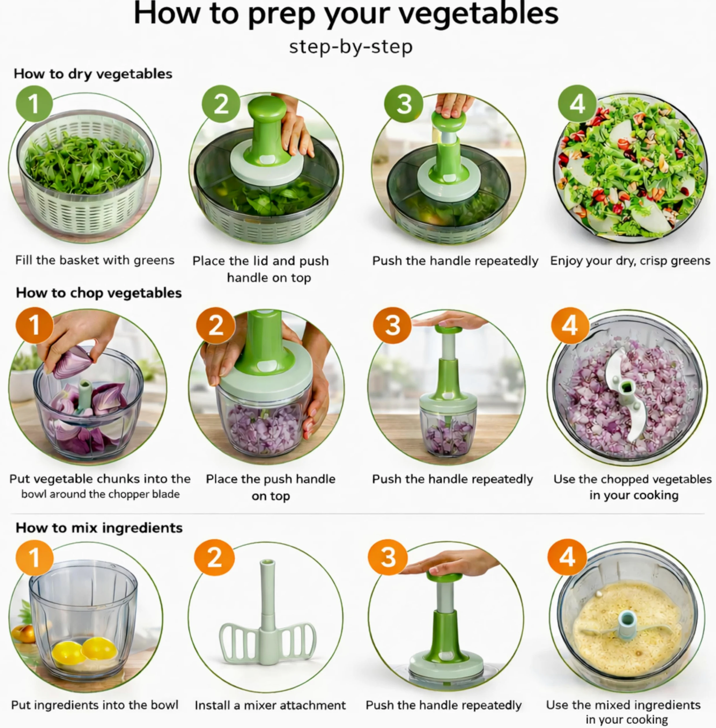 Brieftons Centrifugador y picador de ensalada: secadora grande de verduras de lechuga de 6 litros, con mezclador picador de verduras de 0,9 litros, almacenamiento compacto, fácil operación de empuje