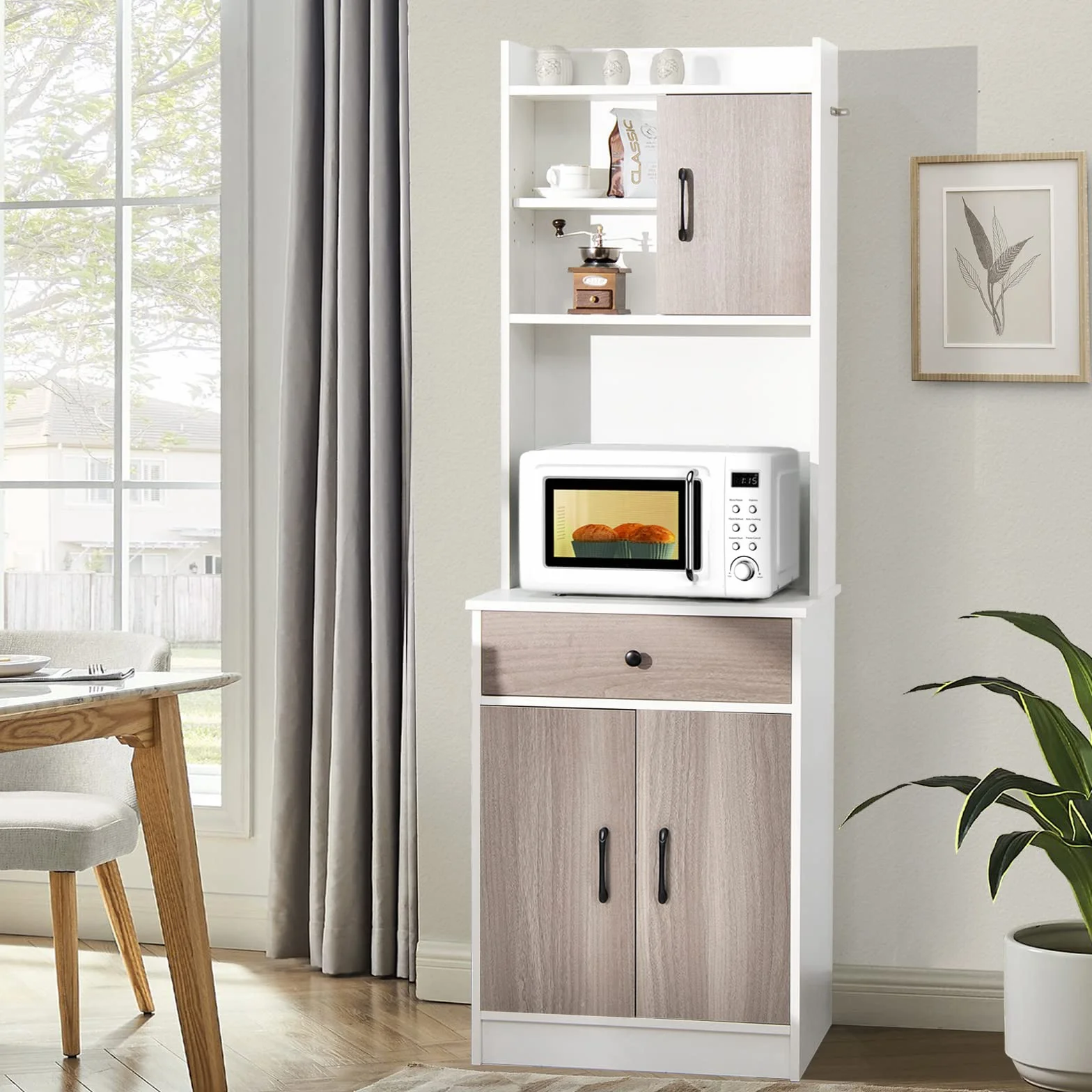 GOPLUS Armario de cocina, armario independiente con cajón ancho, estantes ajustables, 2 puertas, estante liso, estante de almacenamiento para comedor, cocina, salón, restaurante (blanco)