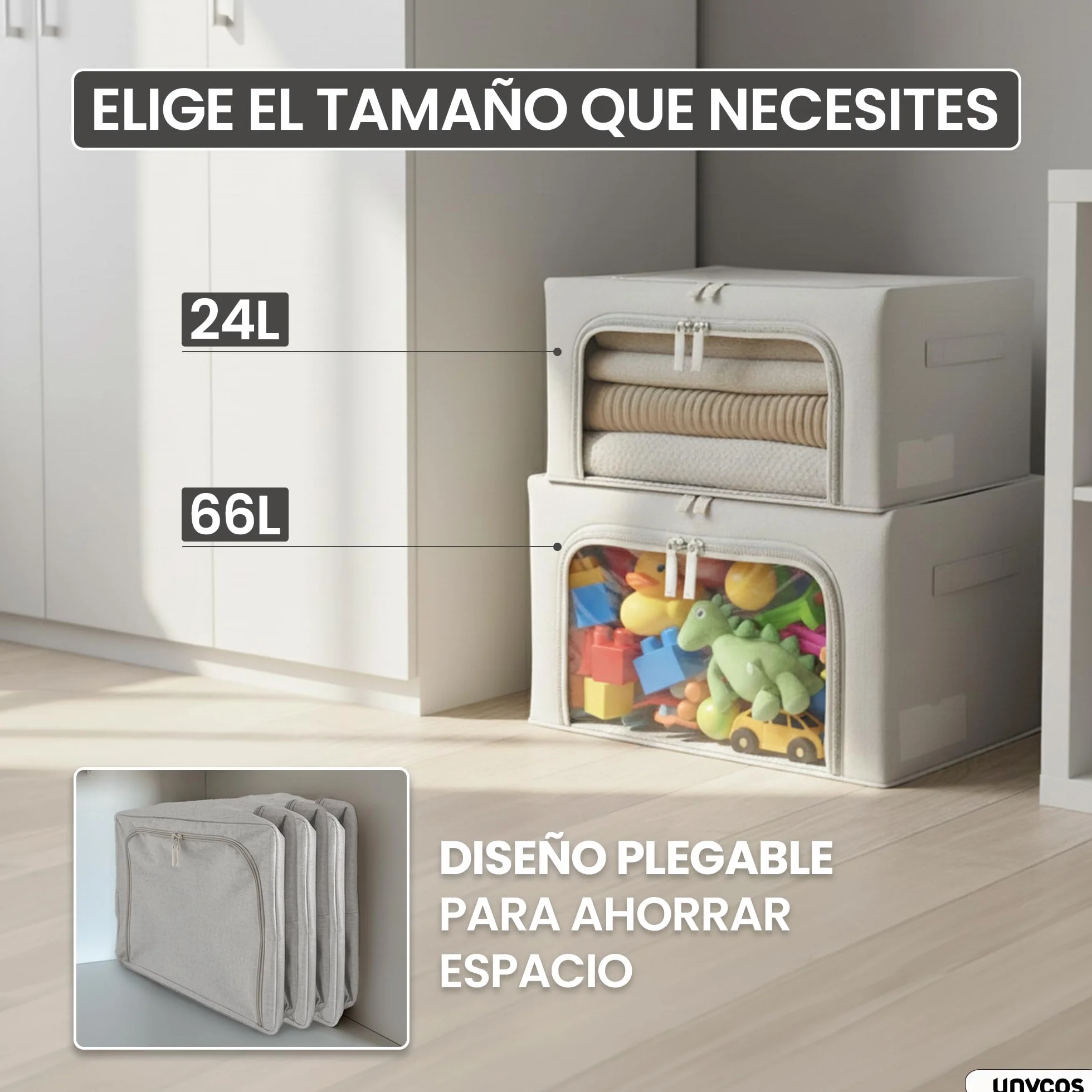 unycos - Cajas de Almacenaje de Ropa【3 Piezas | 24L】 Bolsas con Estructura Resistente de Hierro, Asas Reforzadas y Ventana Transparente, Organizador de Toallas, Edredones | 10 kg (Grey; Iron Rod)