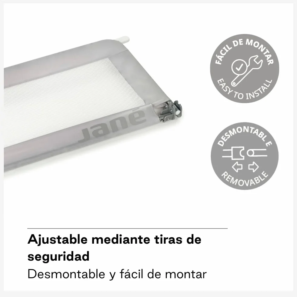 Jané Barrera de Cama Abatible 140 cm, Extra Alta y Transpirable, Plegable con Bolsa de Transporte, Gris