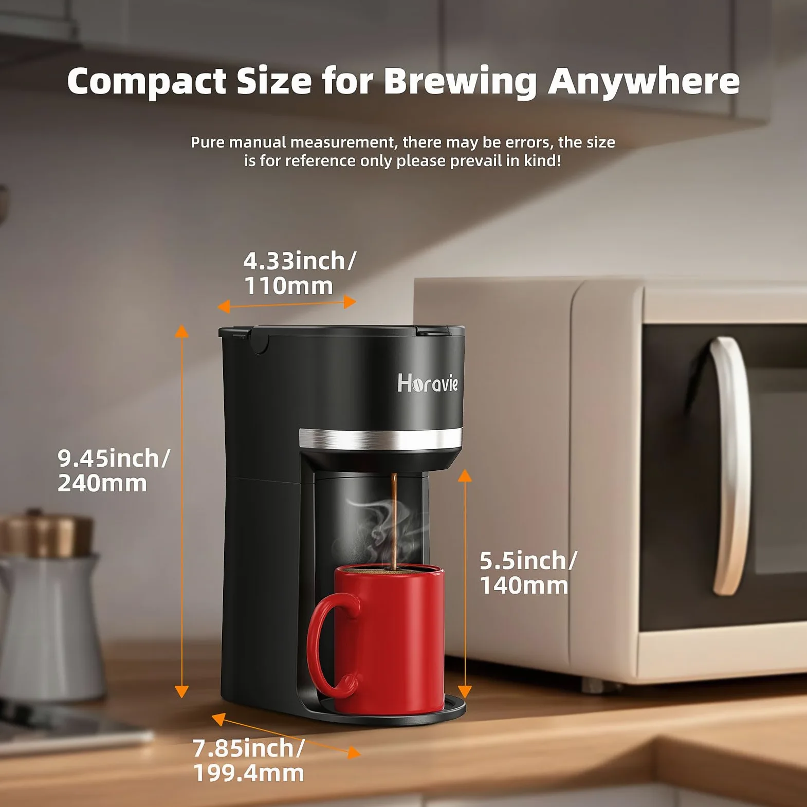 Horavie Mini cafetera de una sola porción para taza K y café molido, máquina de café de una taza de cerveza rápida con recordatorio de descalcificación y ventana de agua, 6 a 12 onzas, tamaños de
