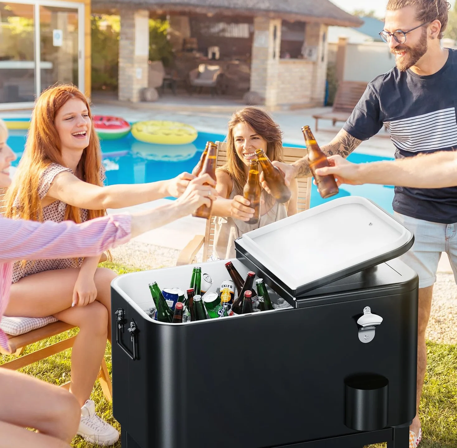 Bonnlo Carro de Servicio de 57L con Ruedas, Carro Auxiliar, Enfriador de Patio, Caja de Enfriamiento, Enfriador de Bebidas con Abrelatas, Ideal para Fiestas y BBQs, 35,5 X 66 X 81 cm, Negro