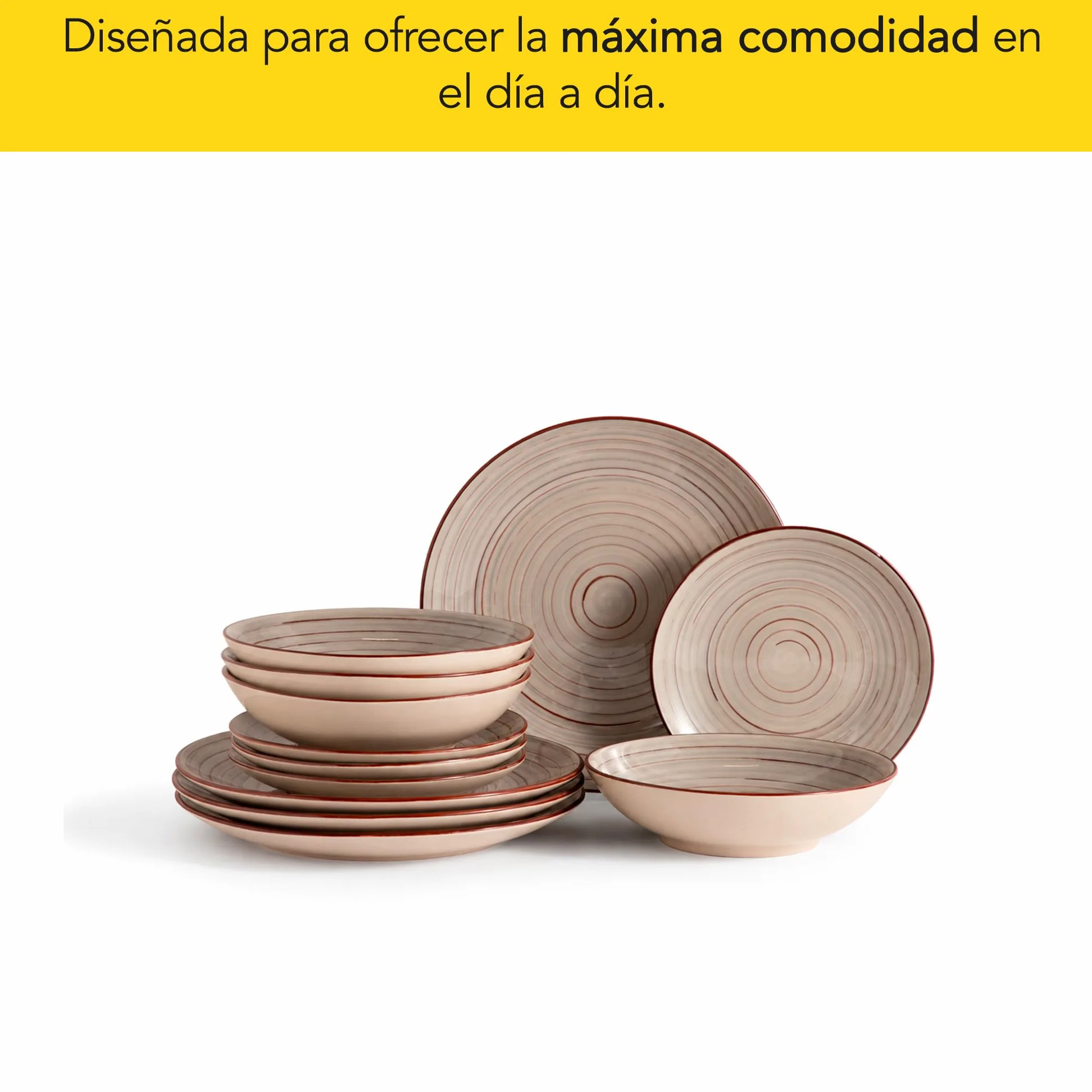 CASTEY - Vajilla Maia Terra de 12 Piezas para 4 Personas, Loza Cerámica Resistente, Incluye 4 Platos Llanos, 4 Platos Hondos y 4 Platos de Postre, Apta para Microondas y Lavavajillas, Fácil Limpieza