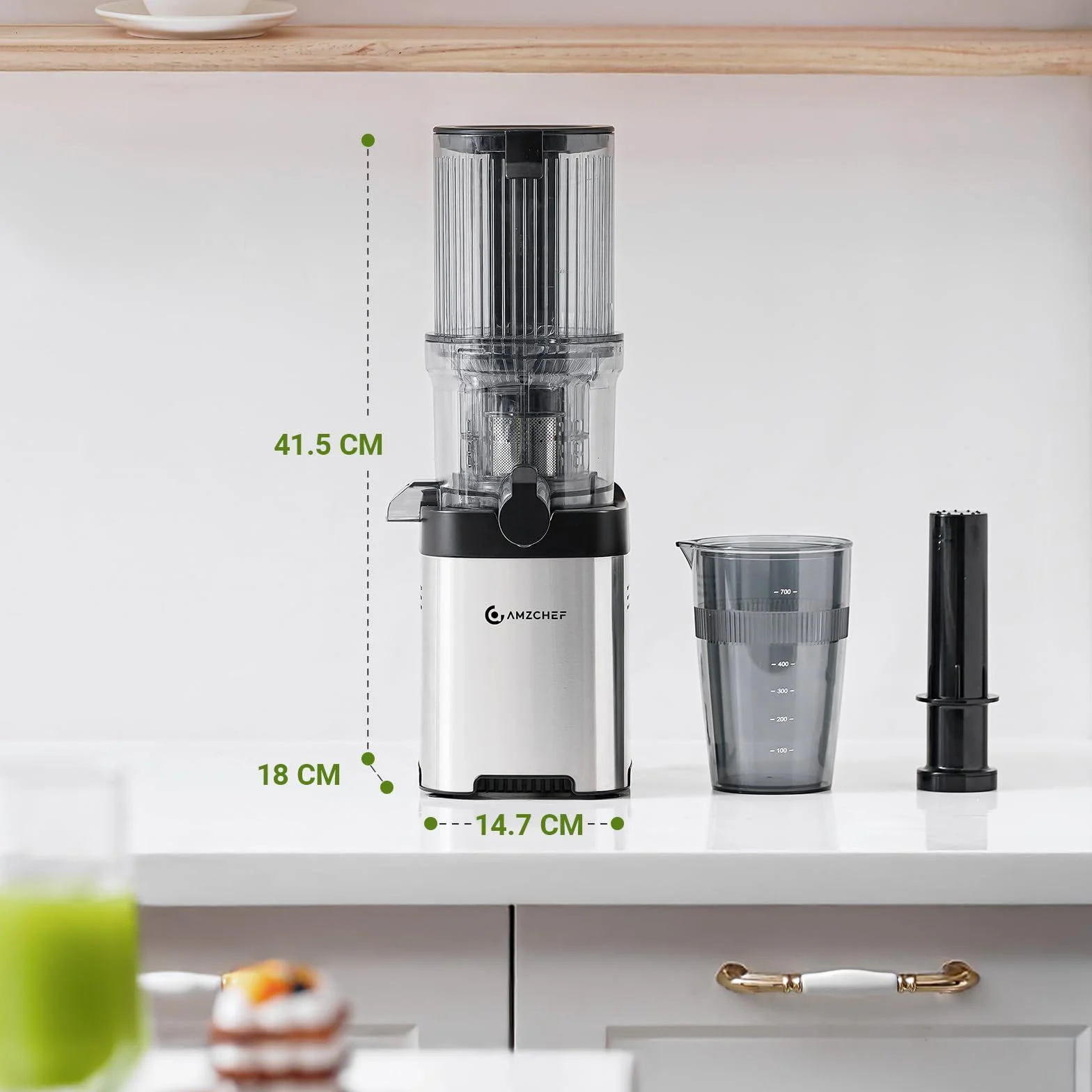 AMZCHEF Extractor de Zumos, Slow Juicer con Apertura de 120MM, Capacidad de 2 L, Licuadora Prensado en Frío para Frutas y Verduras Enteras, Cuerpo de Acero Inoxidable, Fácil Montaje y Limpieza, Plata