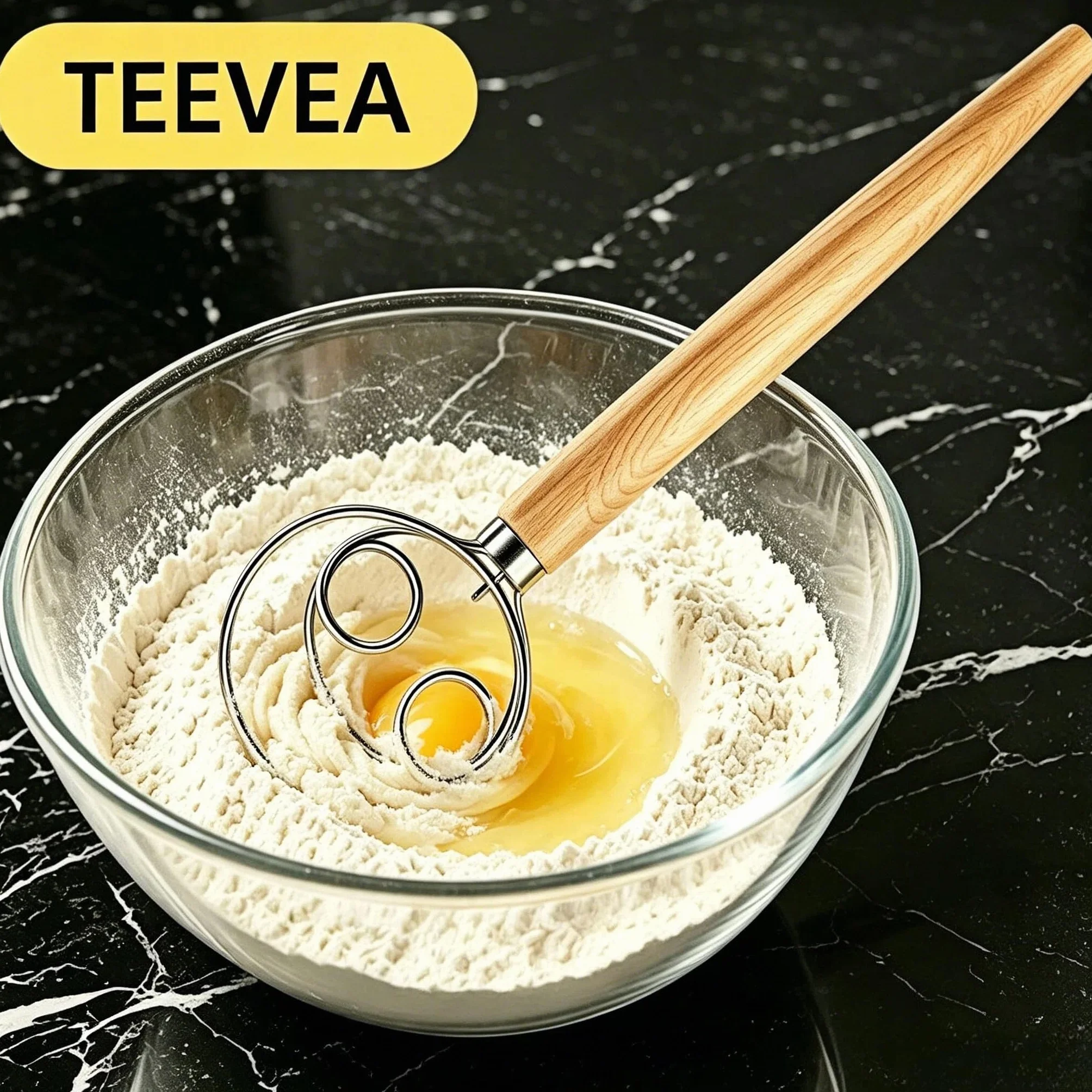 TEEVEA Batidor de masa danés de acero inoxidable estilo holandés para masa de pan con mango de madera, herramientas de cocina para hornear, herramientas y suministros para hacer pan