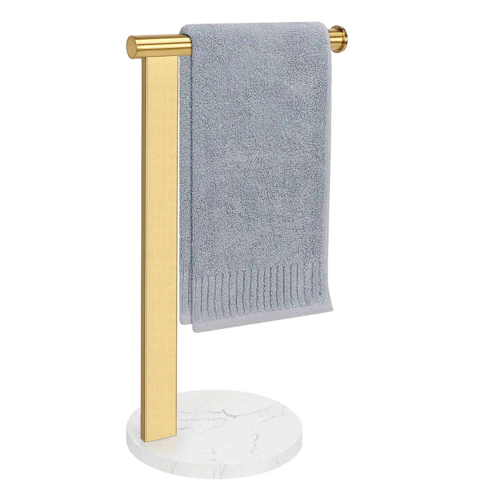 Toallero para toallas de mano para baño, toallero de pie en forma de L, organizador de encimera de tocador o cocina, material de acero inoxidable SUS304, base de mármol, dorado