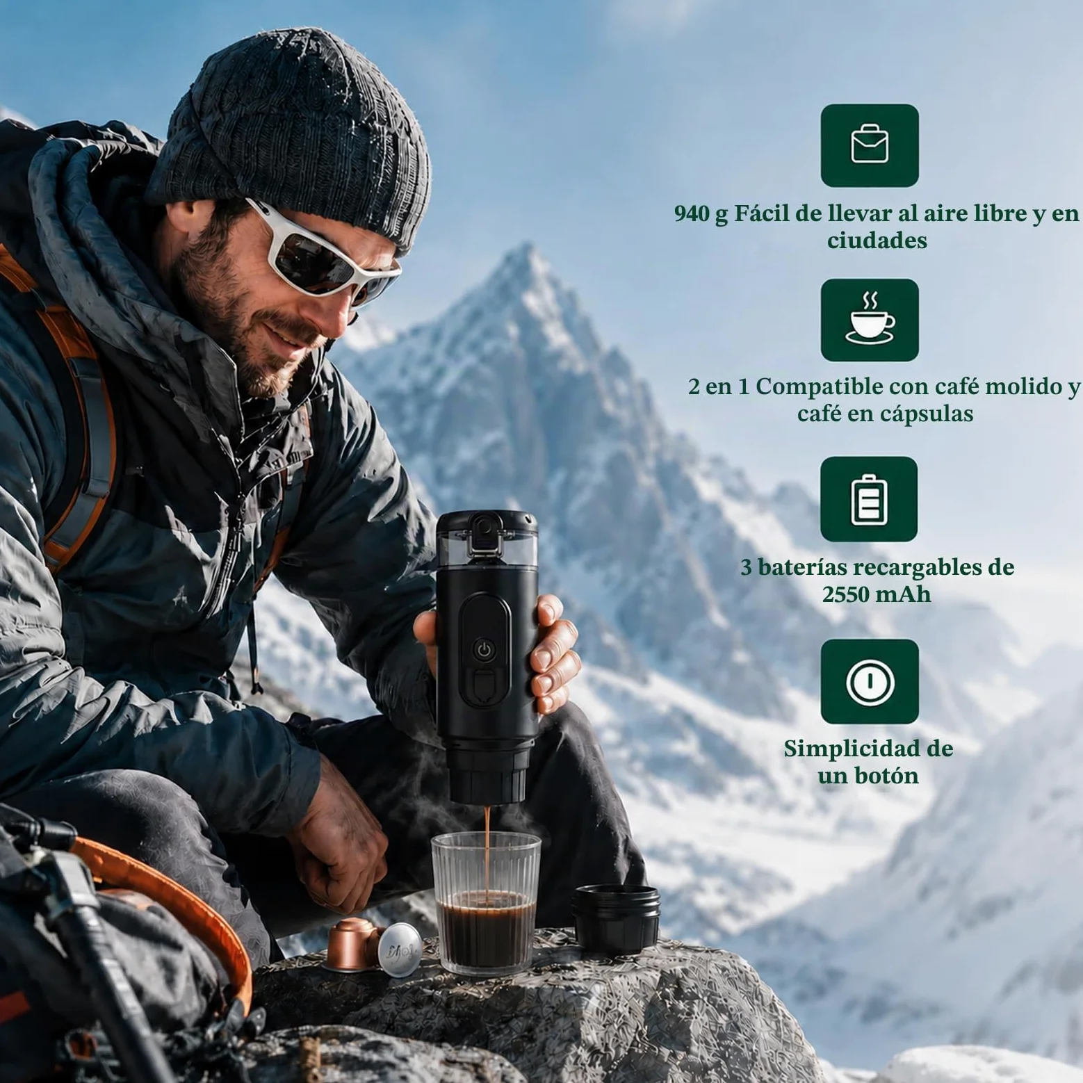 Cafetera eléctrica con pantalla LED de temperatura, compatible con cápsulas y café molido