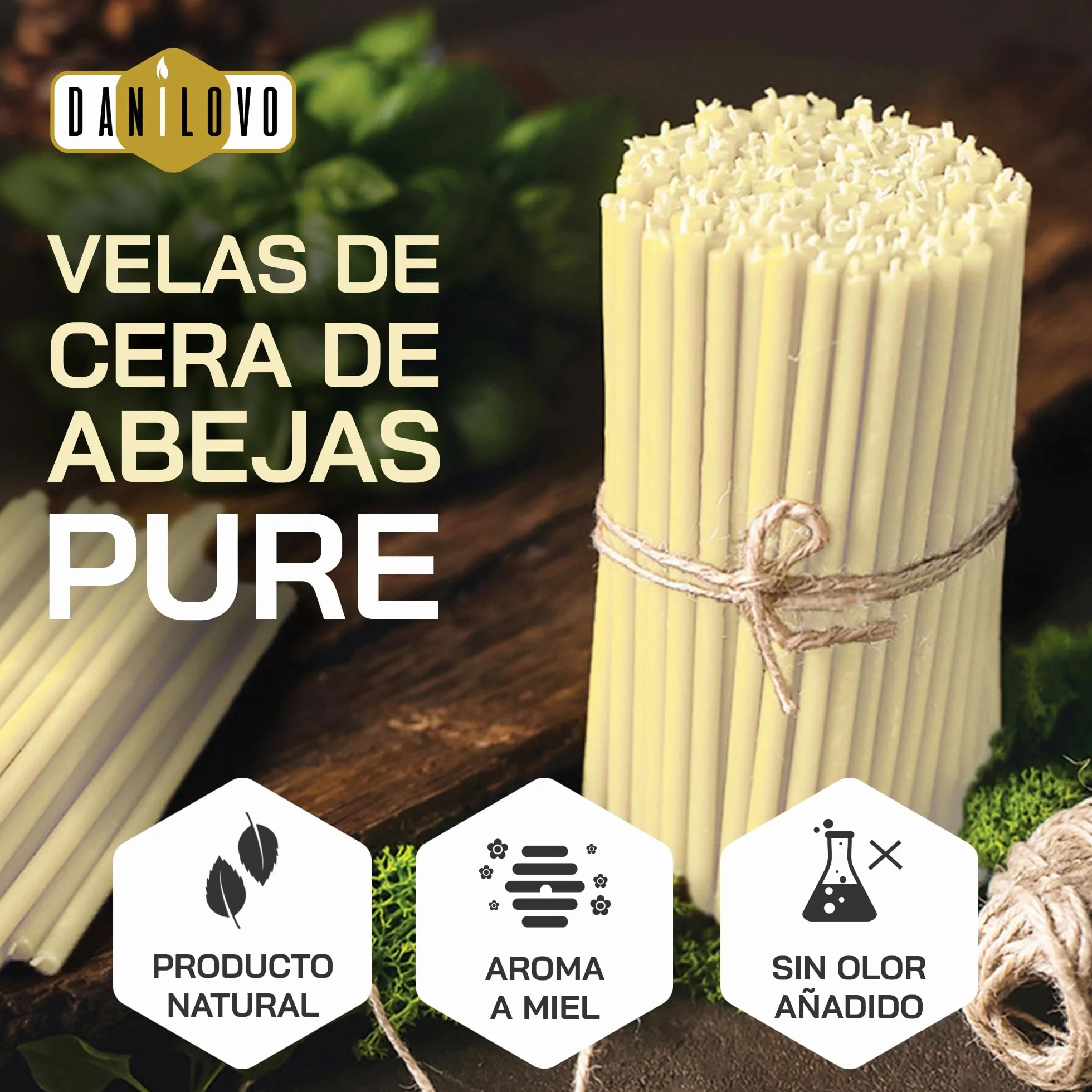 Danilovo Velas de Cera de Abeja pura, Velas Naturales para Oración de la Iglesia, Rituales, Meditación, Decoración de Tartas de Cumpleaños, 18,5 cm de largo, 50 Unidades (Blanco)