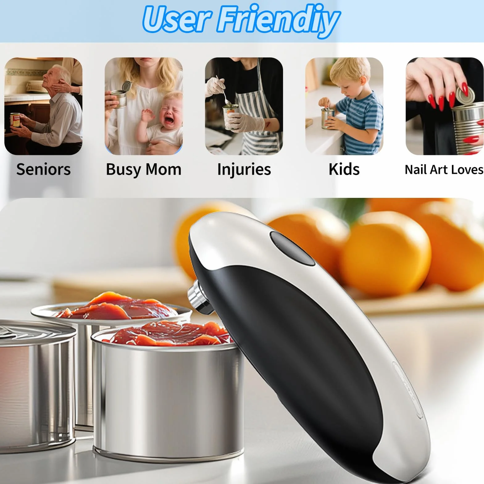 Abrelatas eléctrico, abridor de tarros eléctrico recargable por USB, dispositivo de cocina, funcionamiento automático de un solo toque, abrelatas a pilas con borde liso para personas mayores