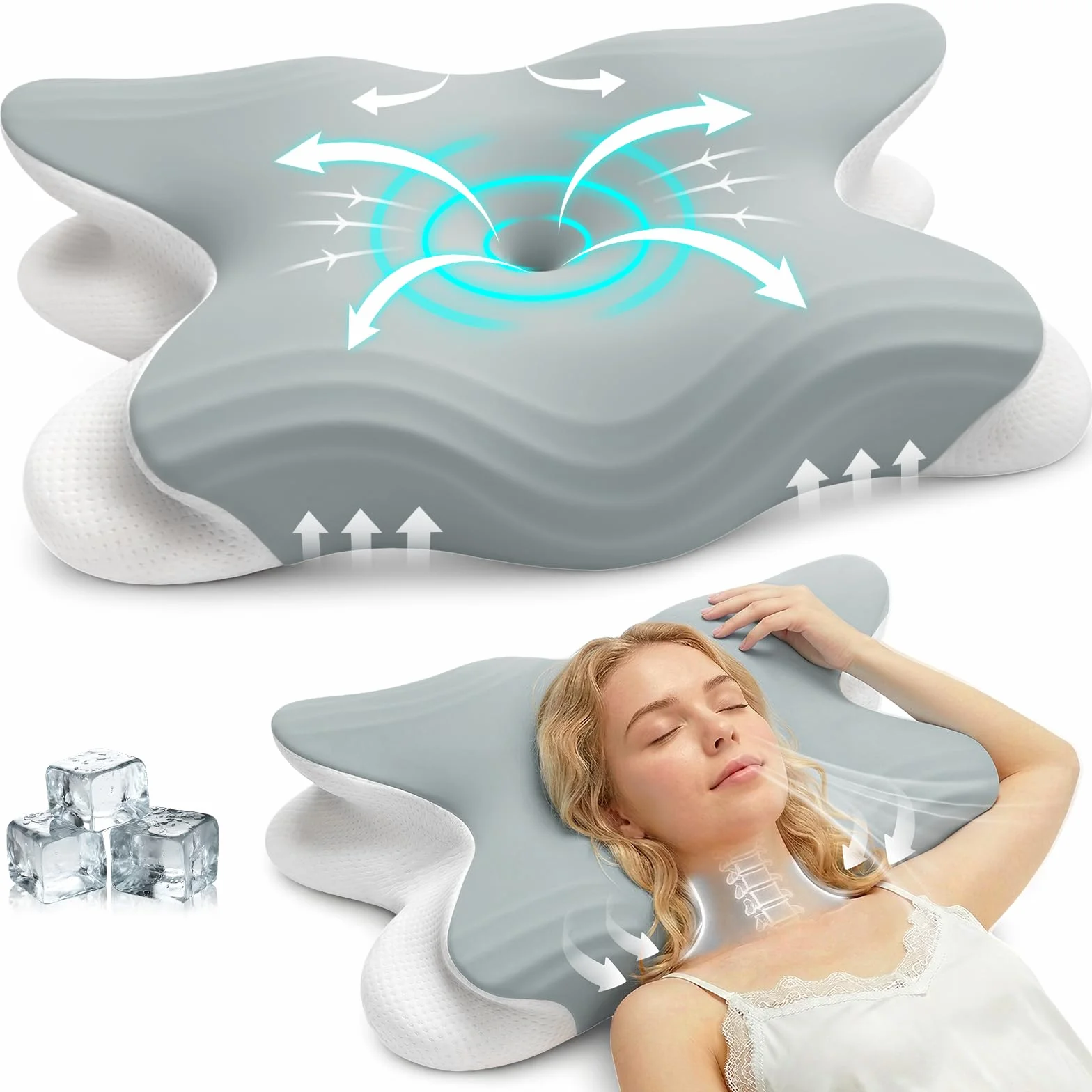 Almohada de Soporte Cervical Ergonómica 2 en 1, Espuma con Memoria, Ajustable en Altura 11 cm/13 cm, para Dormir de Lado, Espalda y Boca Abajo – Alivia Dolores de Cuello y Hombros (Gris)