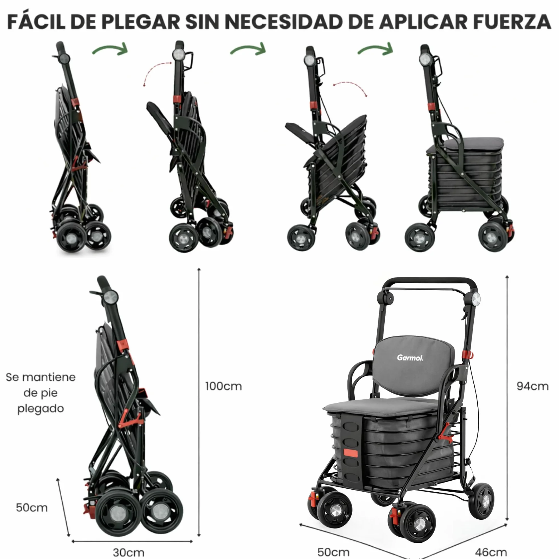 GARMOL Carro de Compra Relax con Asiento Acolchado 30L | Plegable, con Freno de Mano y Seguridad, Asa Regulable | Ideal para Personas Mayores hasta 120 kg (Gris)