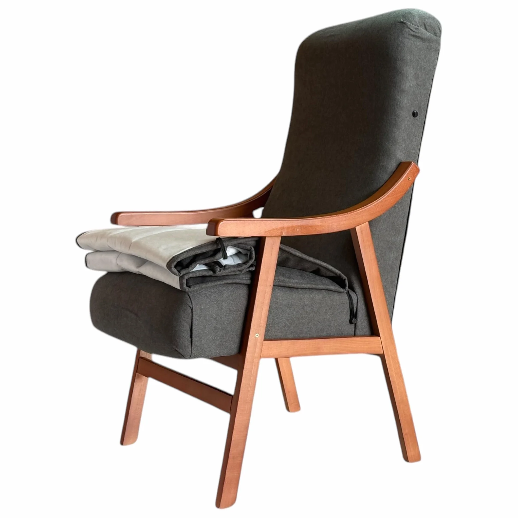 Sillón Alto con Manta y reposabrazos tapizado Marengo