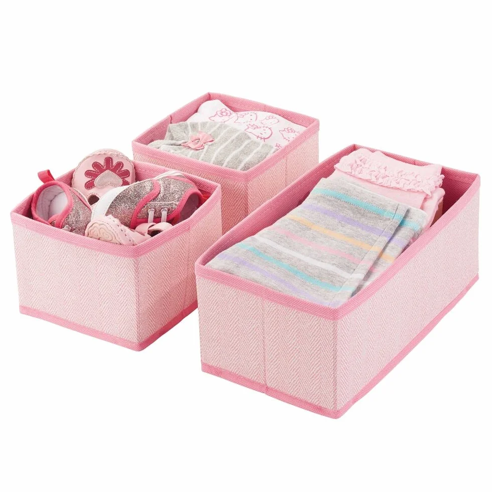 mDesign Juego de 6 cajas organizadoras de tela transpirables con patrón en espiga para habitación infantil - rosa