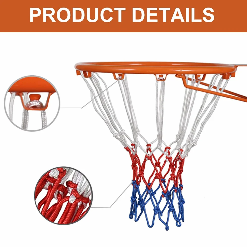 Red De Baloncesto Tricolor Blanco/Azul/Rojo, Paquete De 2 Redes De Aro De Poliéster, 12 Lazos