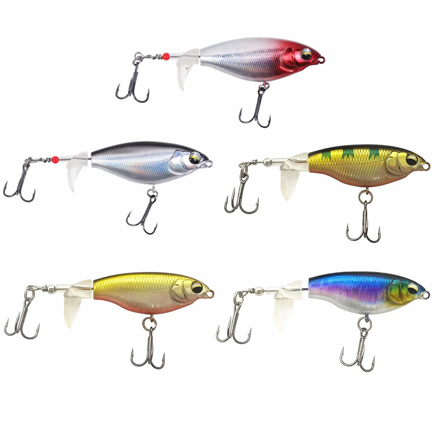 5 Piezas Cebo Artificial, Topwater Señuelos, Kits de Señuelos, Señuelos de Pesca Spinning Mar, Artificiales Wobblers, Cebo Flotante de Superficie, con Cola de Hélice, para Agua Dulce o Salada