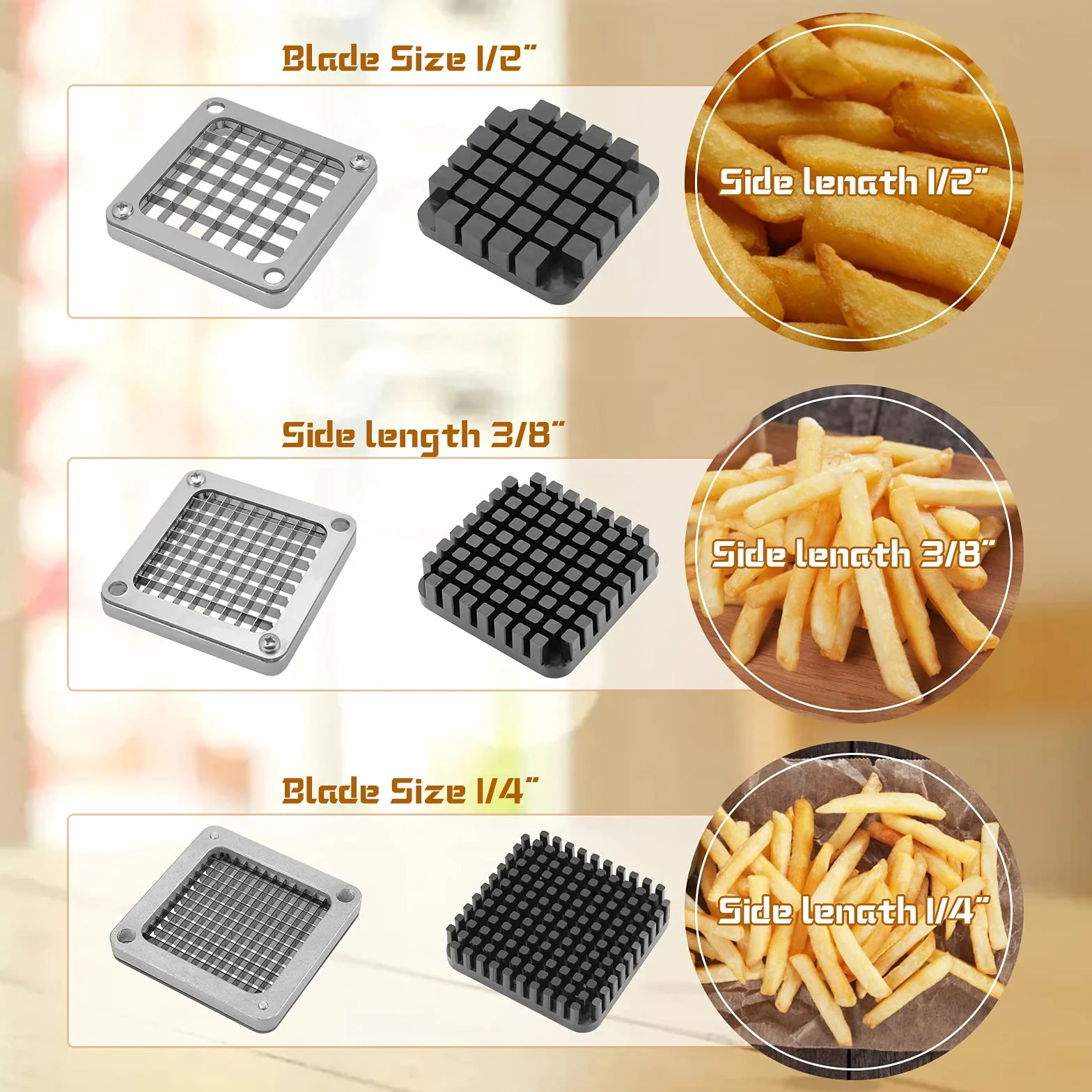 Comercial Cortador de freír francés con 3 Cuchillas de Repuesto, 1/2", 1/4" y 3/8" Cuchillas Trituradora Simple Triturador de Patatas Fritas, Limón y Patatas con Mango Alargado