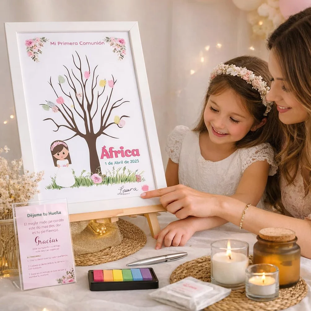 Disatrezzo - Árbol de Huellas Personalizado para Comunión Niña– Kit Completo con Marco, Tintas, Bolígrafo, Instrucciones, Caballete y Banderín Mi Primera Comunión. Libro de Firmas y Dedicatorias.