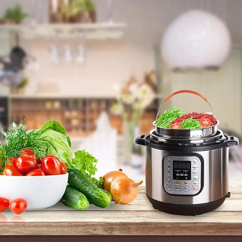 Cesta de Vapor Acero Inoxidable, Cesto Accesorio para Cocción, Cesta de Vapor de Vegetales, Multiusos Cesto de Limpieza de Frutas con Mango de Silicona para Cocinas, Restaurantes (8QT)