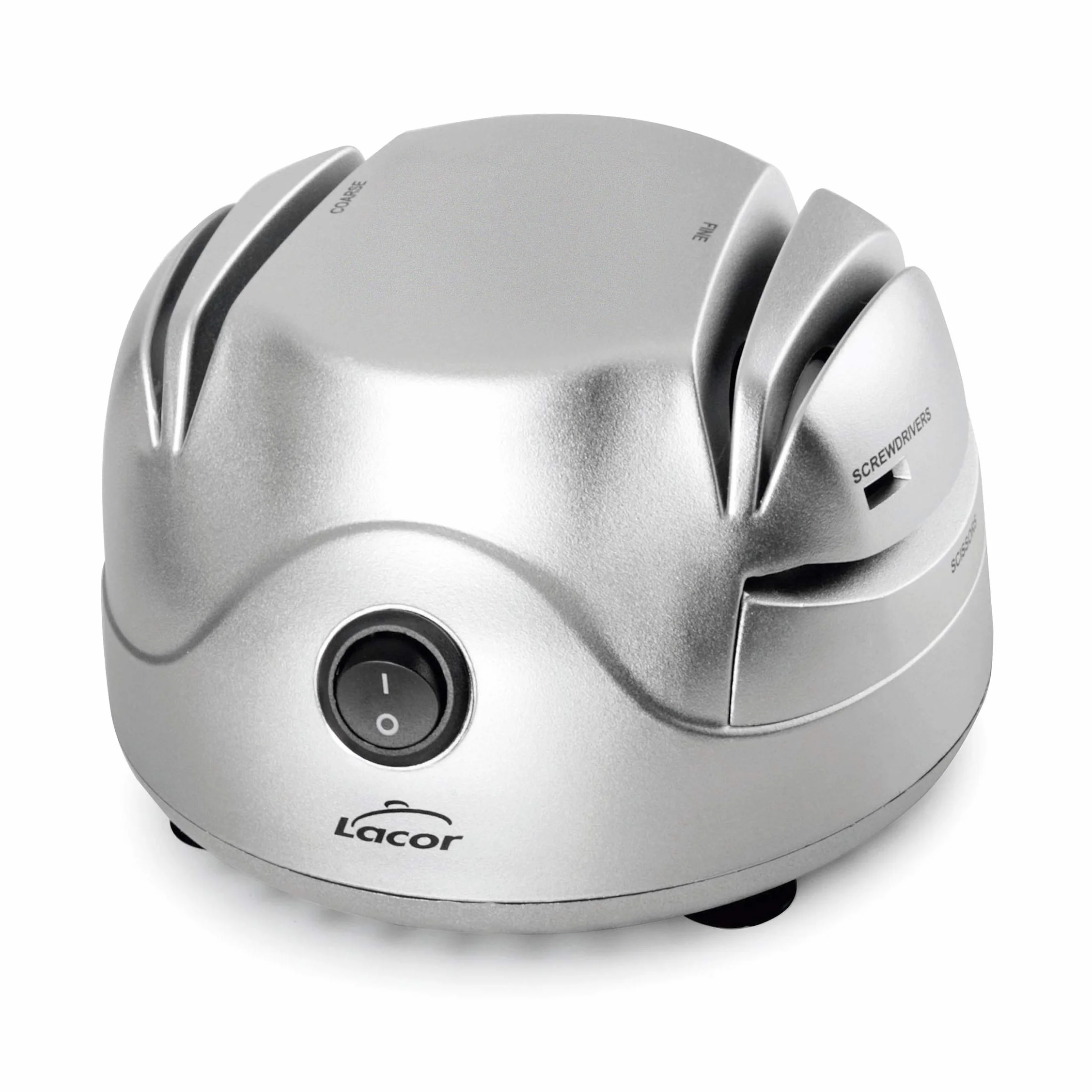 LACOR 69141 Afilador de Cuchillos Eléctrico, Cuatro ranuras con ventosa, Afila Cuchillos, Tijeras, Destornilladores, Seguro y fácil de usar, Potencia 60W, Pequeño y Compacto, Gris, 13 x 15 x 10 cm