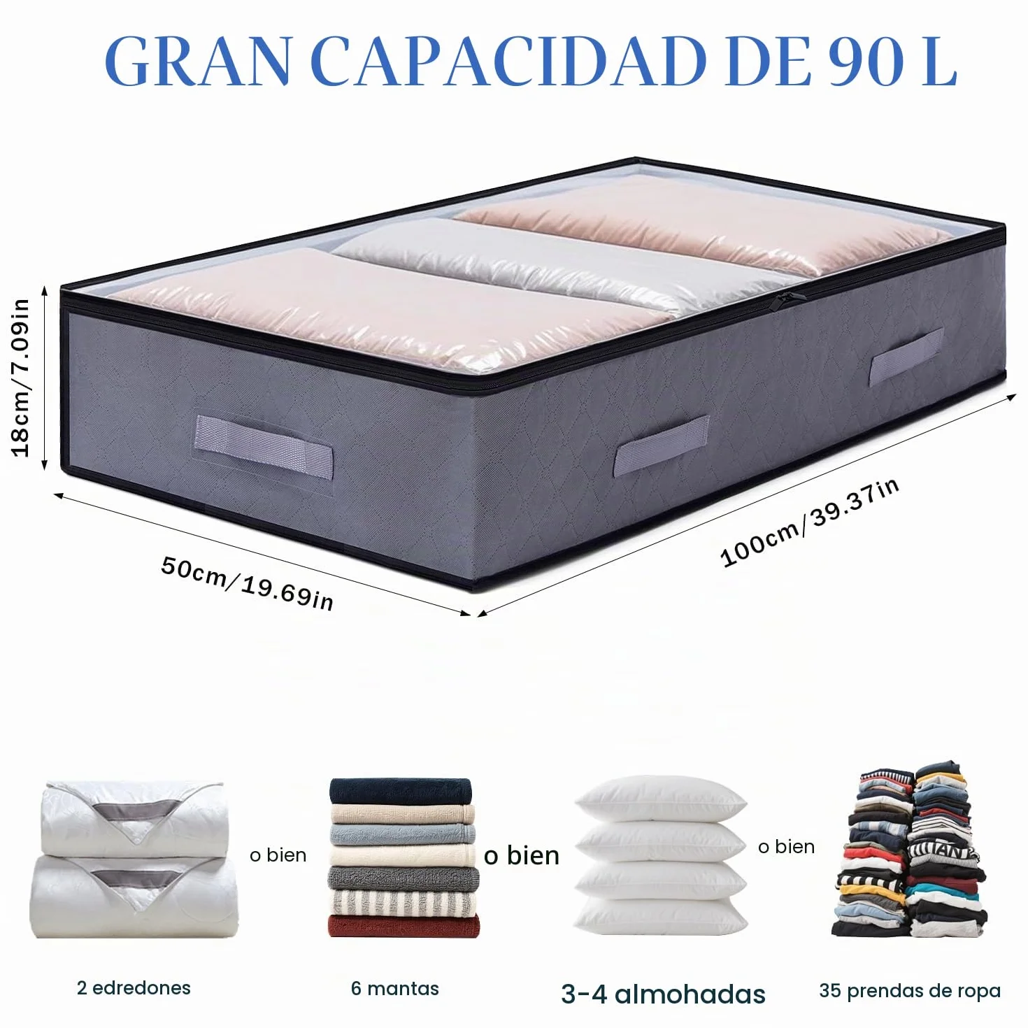 2PCS 90L Bolsas Almacenaje Ropa Debajo de la Cama, Bolsa Almacenamiento Plegable con Ventana Transparente, Organizador Armario para Abrigos Mantas Edredones, 100x50x18 cm | Organizadores de armario con ventana transparente, para edredón, manta, ropa, colo