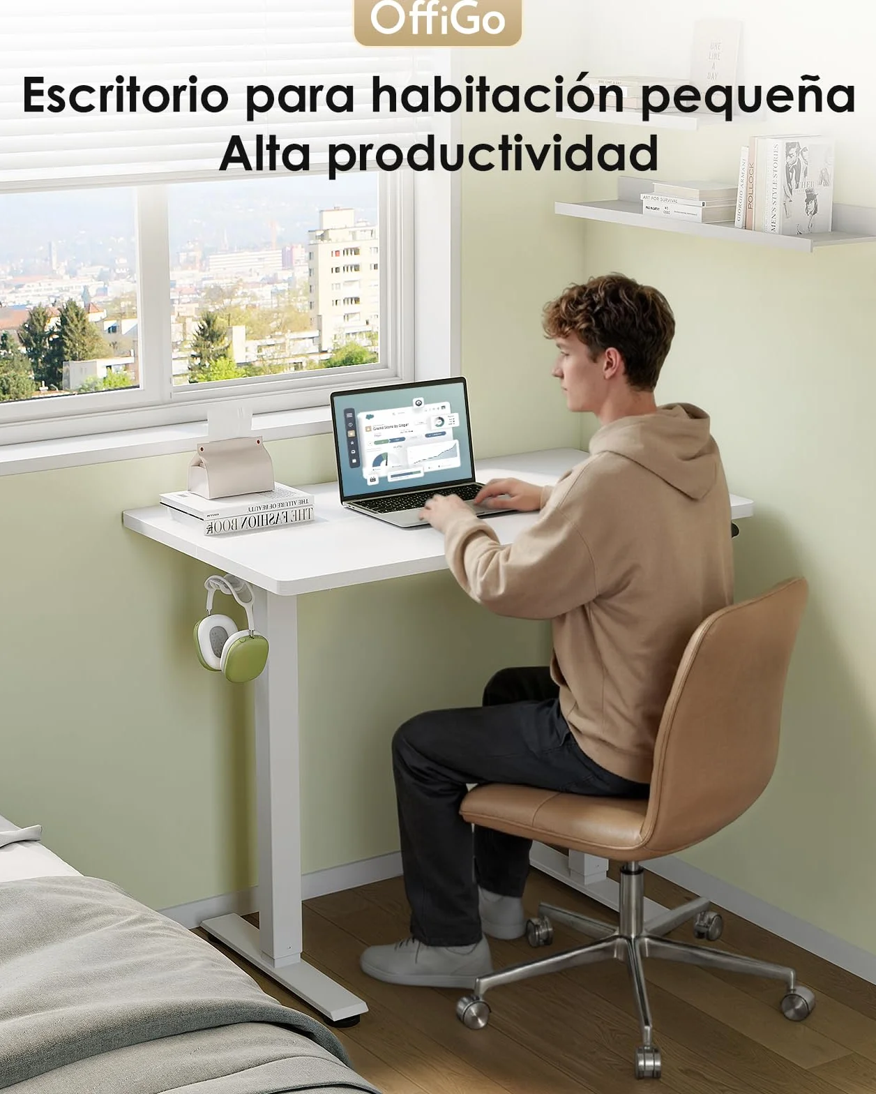 OffiGo Escritorio Elevable, 80 cm Escritorio Pequeño con 3 Memorias de Altura, Mesa Elevable Electrico para Estaciones de Trabajo en Casa, Mesa Ordenador Compacta para Espacios Pequeños, Blanco