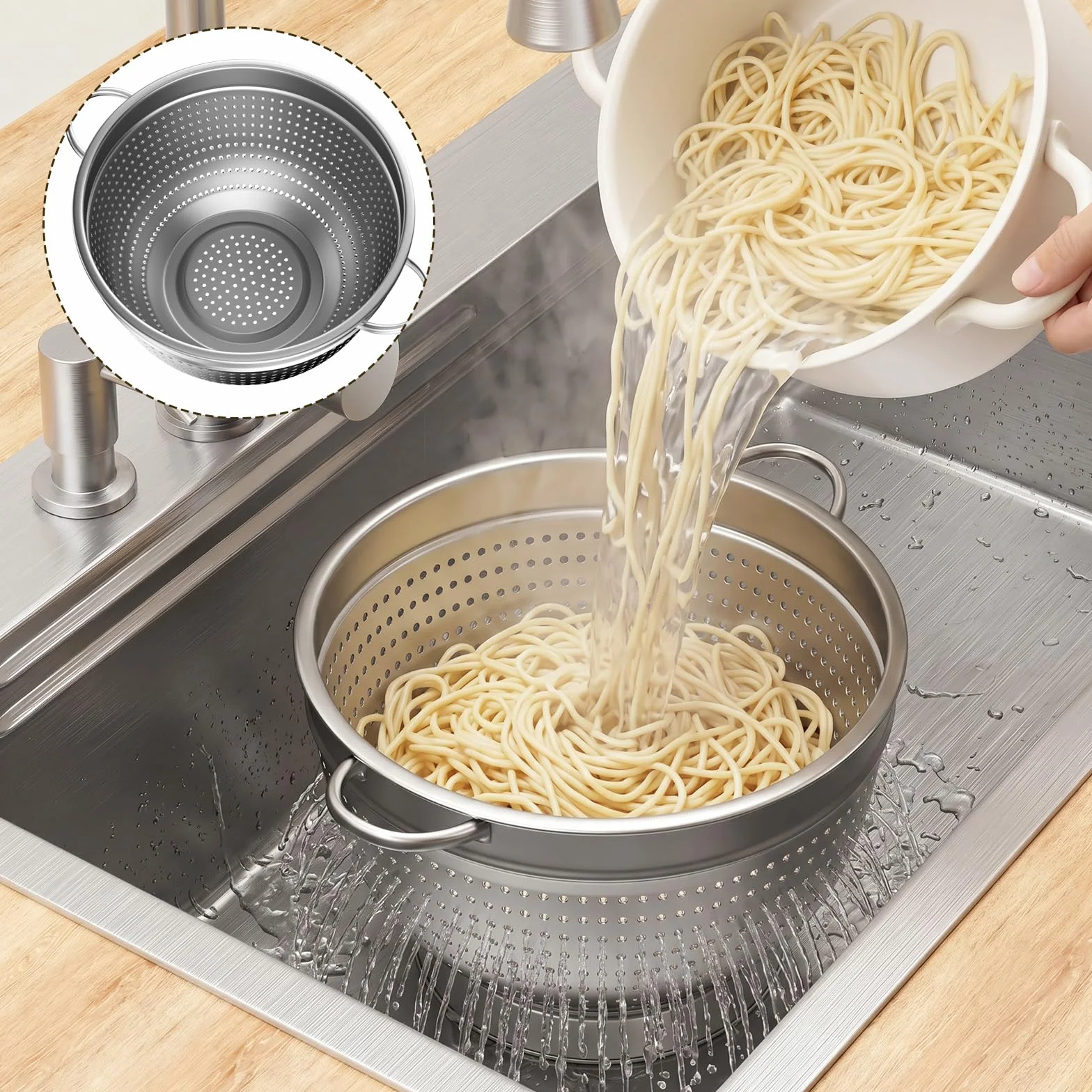 Juego de 3 coladores coladores de acero inoxidable, colador de cocina, colador de pasta de 20/24/26 cm, colador de cocina de metal con asa, colador de malla fina para lavar pasta, verduras, frutas y