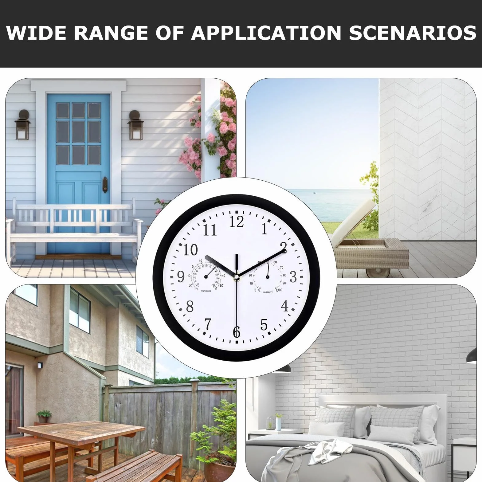 Reloj de pared exterior para exteriores, 25 x 25 cm, resistente a la intemperie, con termómetro e higrómetro, para terraza, balcón, jardín, decoración del hogar