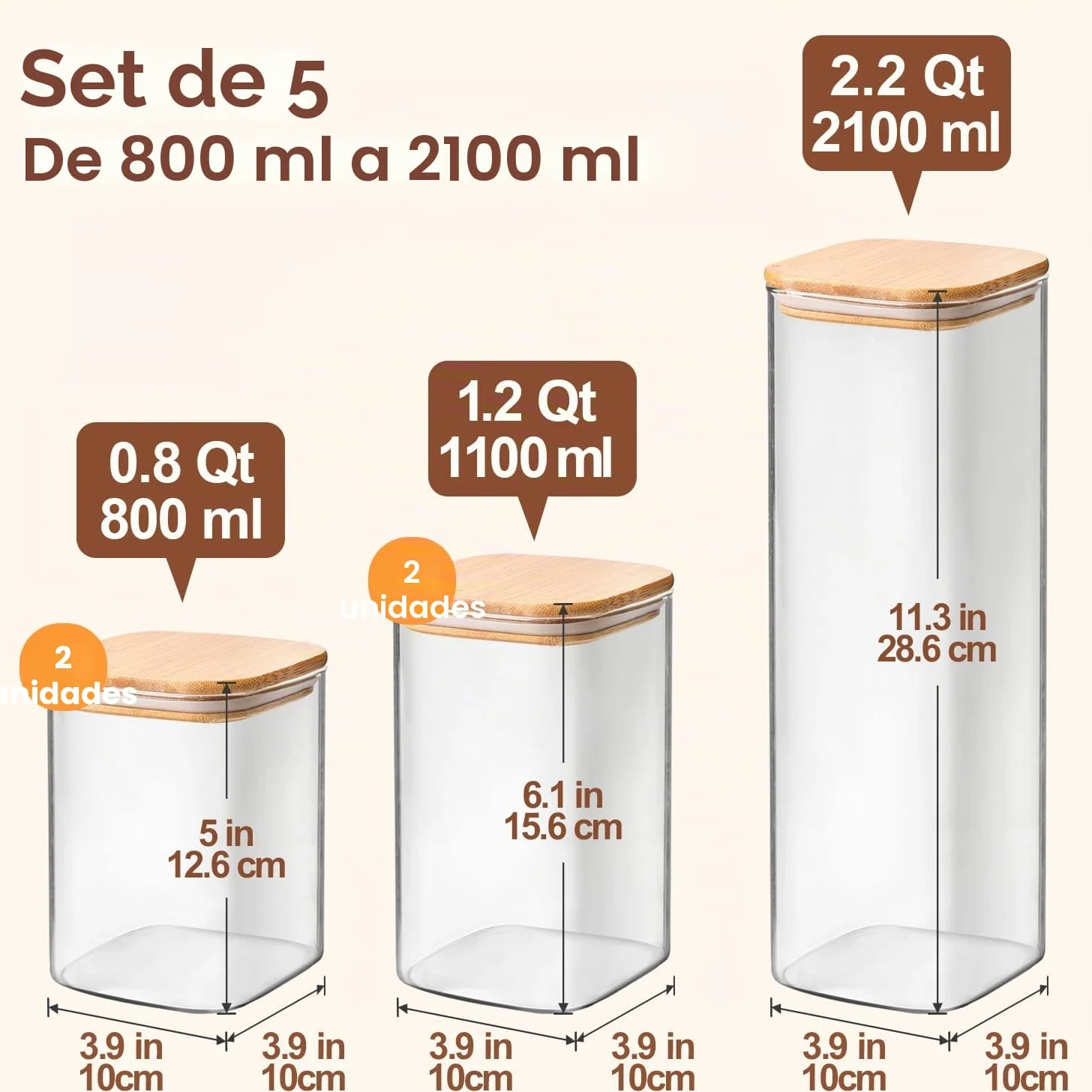 ComSaf Tarros de cristal con tapa 800–2100 ml, pack de 5 para cocina | Frascos de vidrio, Botes cocina almacenaje, Tapas de bambú, Cereales de desayuno, Premios para mascotas, Arena decorativa