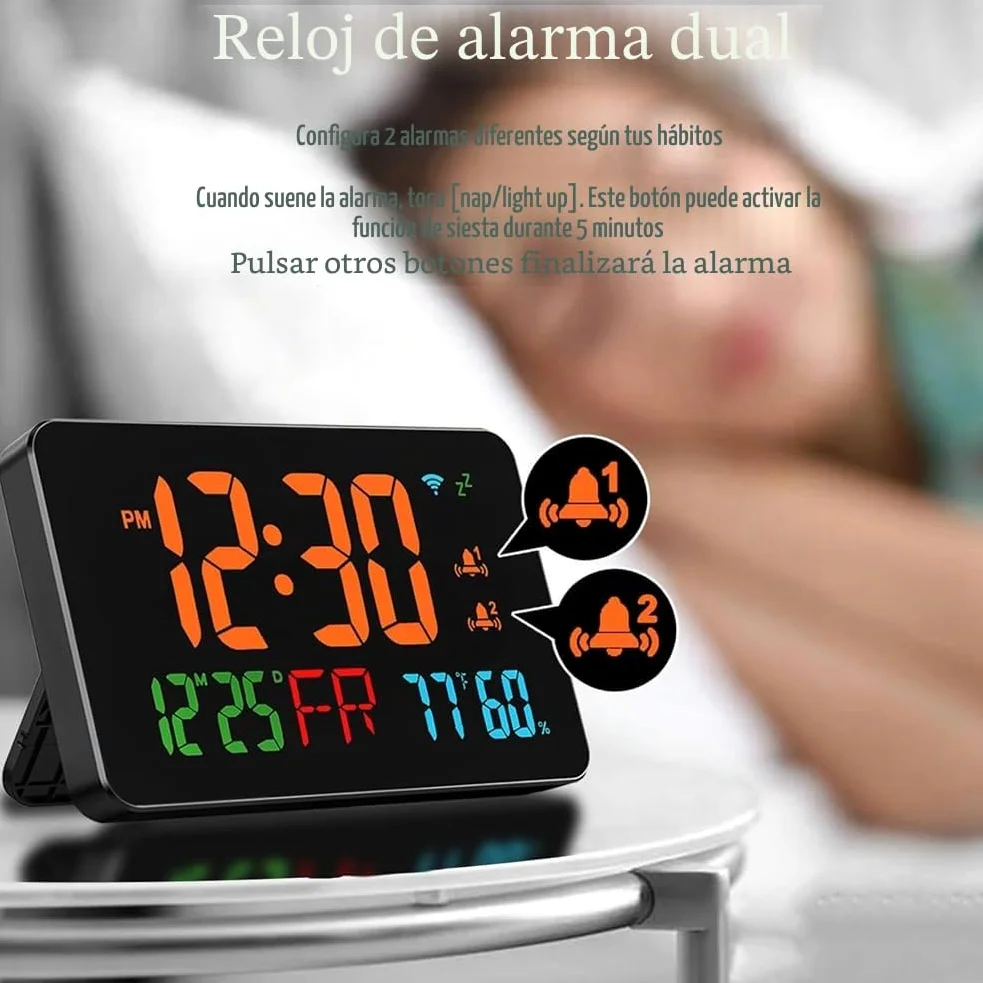 Reloj Despertador Digital con WiFi, Letras Extra Grandes, Temperatura y Humedad, Calendario, Semana, B