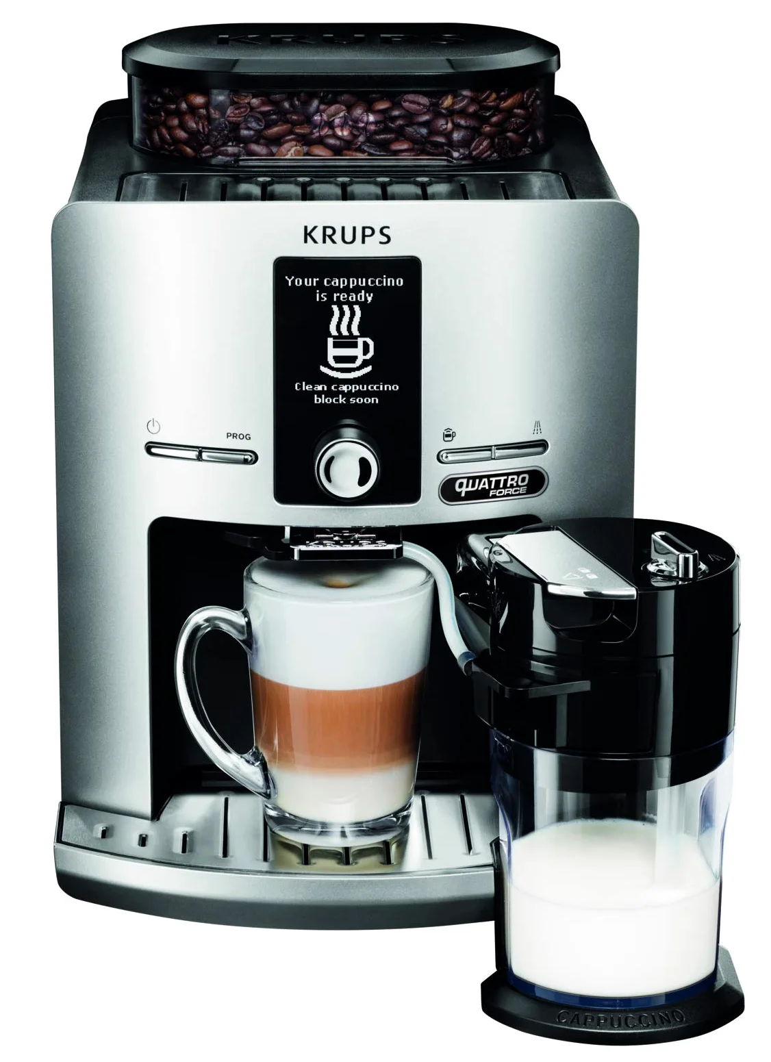 KRUPS Espresseria Latt, Tanque 1,7 L, 1450 W, Cafetera de Acero, Trituradora, Cappuccino Instantáneo, Limpieza Automática, 15 Bares YY4201FD