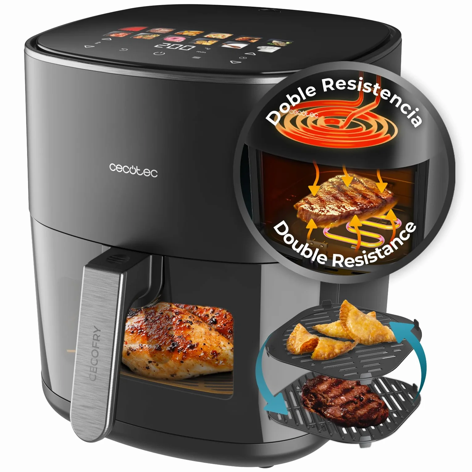 Cecotec Freidora de Aire sin Aceite 6,5L con Doble Resistencia Cecofry&Grill Duoheat 6500 Plus. 2200W, Air Fryer, Grill y Plancha, Pizzas, Ventana Visualización, 12 Menús, Temperatura 40-200°C