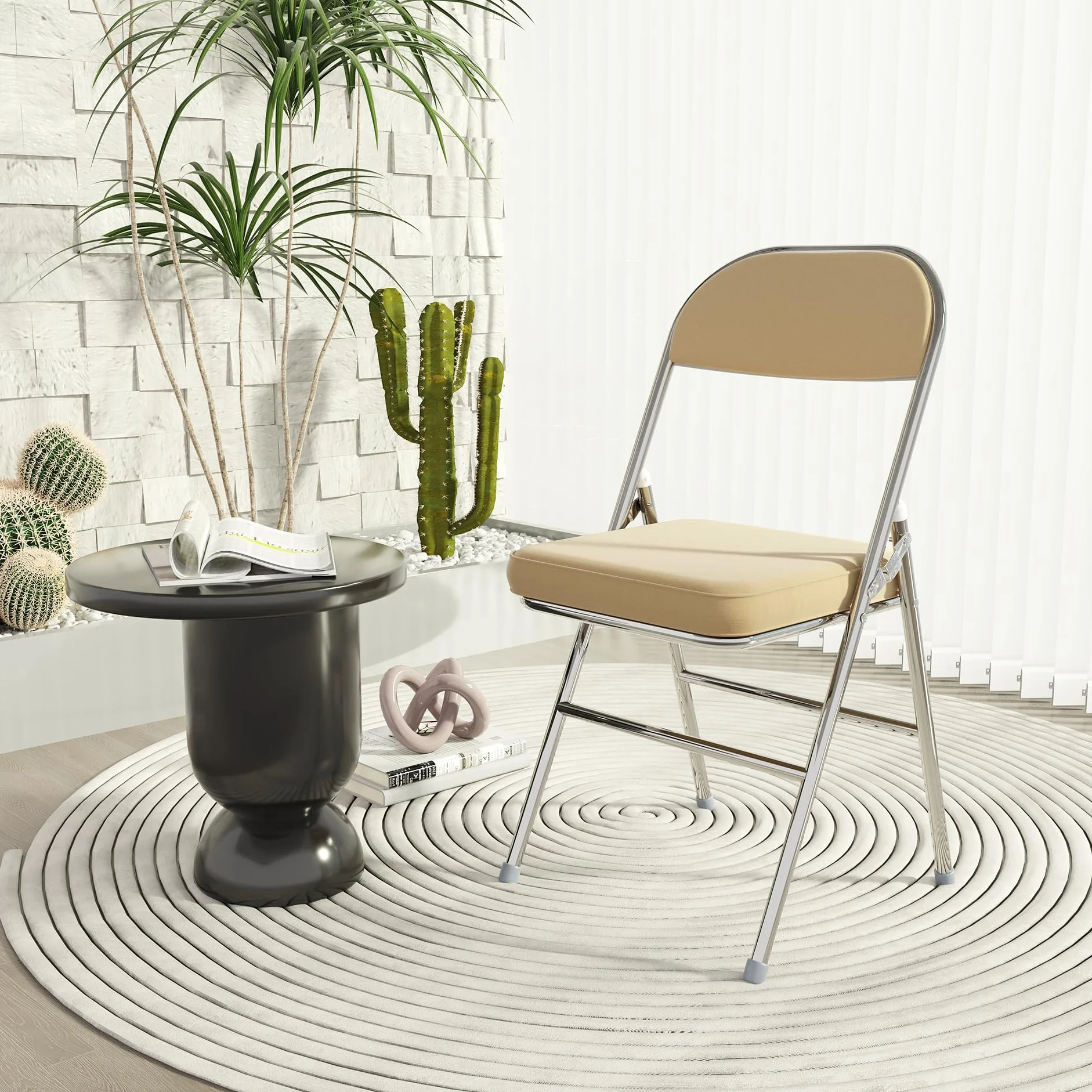 Juego de 4 Cómoda Silla Plegable sillas Plegables de Cuero para Cocina con cojín Grueso, sillas de Comedor Plegables para Cocina, Interior, Exterior, Sala de conferencias Beige
