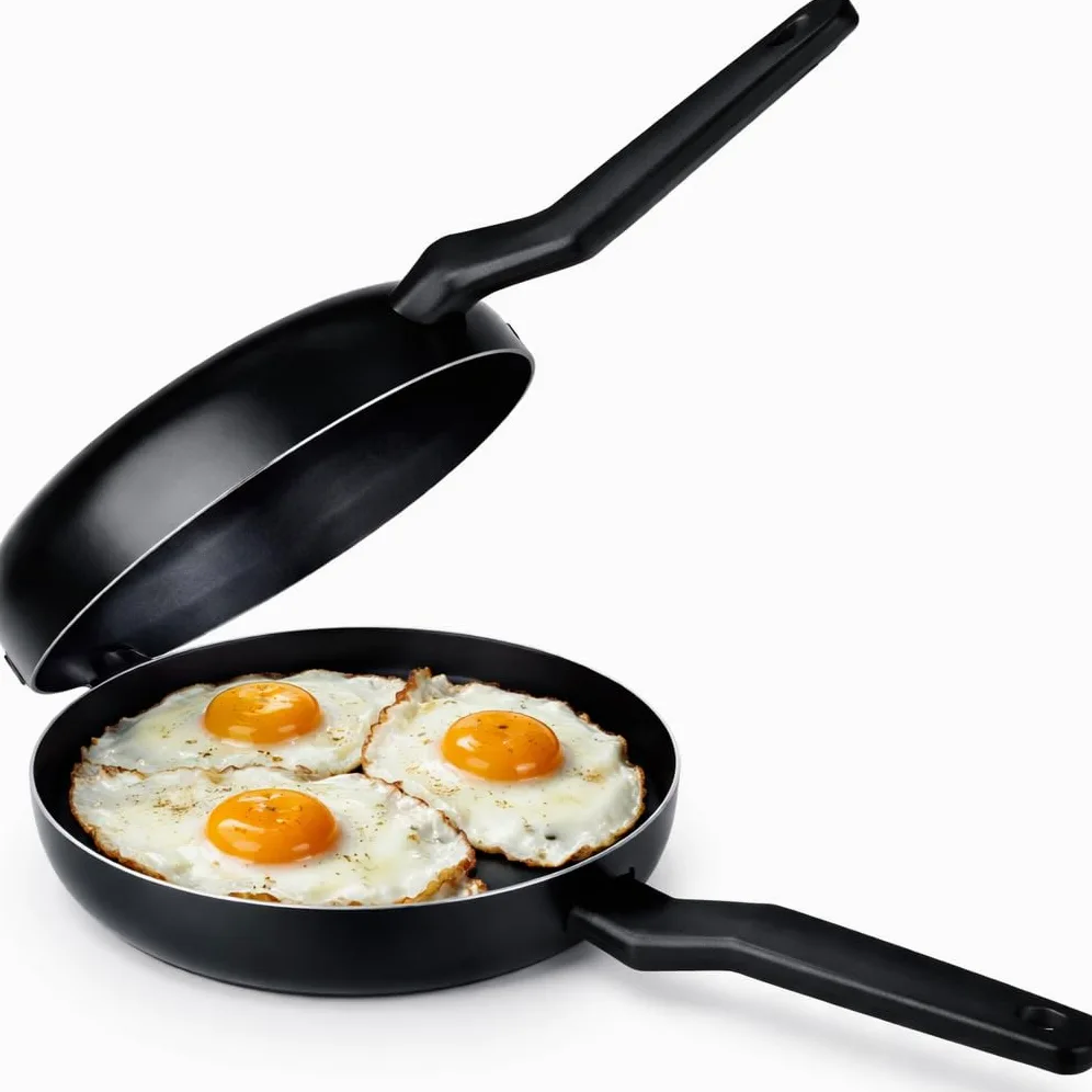 LS Kitchen - Doble Sartén Voltea Tortillas Volteo Fácil y Seguro - Sarten para Tortilla Patatas Jugosa - Sarten Doble para Tortillas - Vitro e Inducción - Diámetro 24 cm - Negra