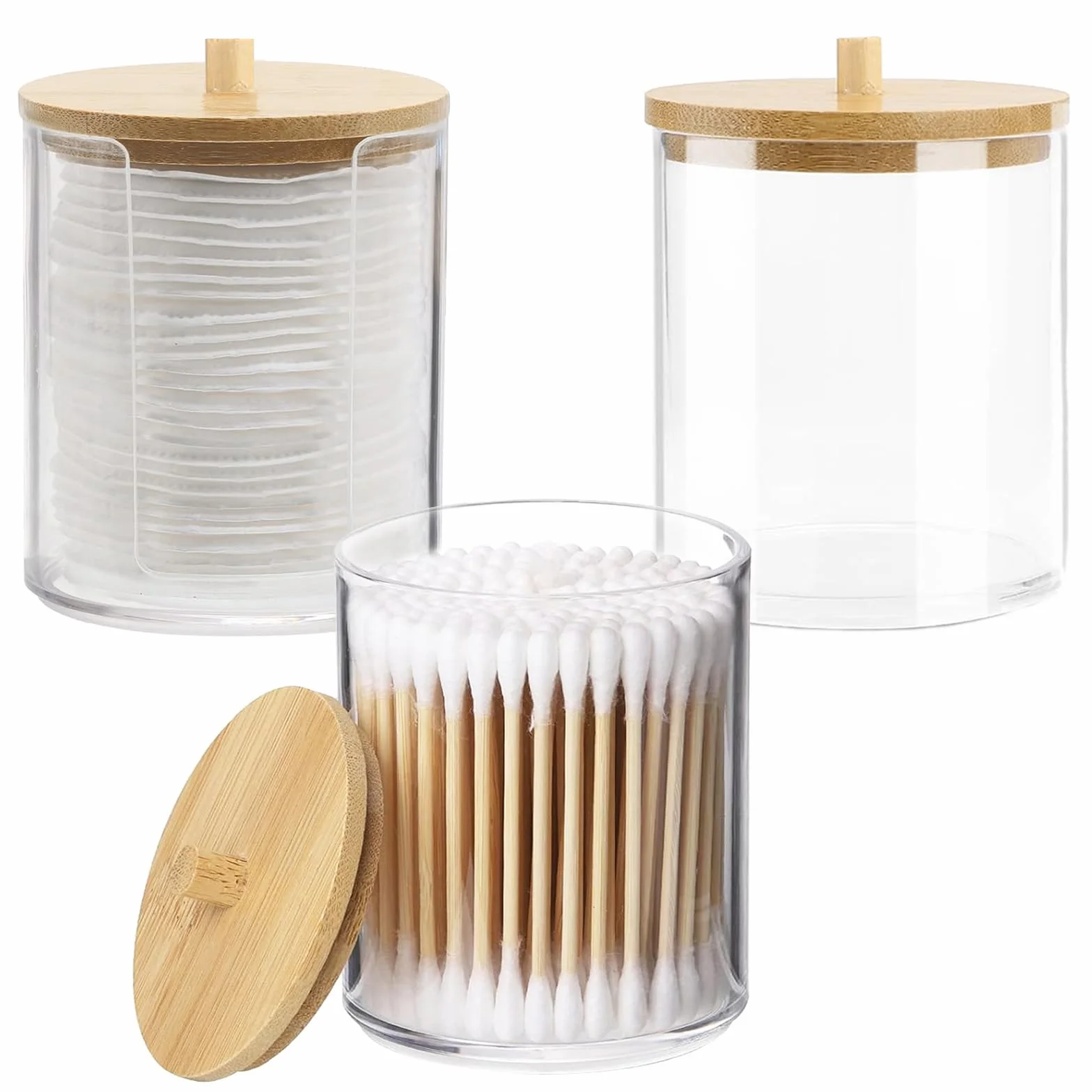 Diompirux 3 Piezas Dispensadores de Discos Desmaquillantes, Caja de Almacenamiento de Hisopos de Algodón, Algodón con Tapas de Bambú Contenedor, para Organizador de Almacenamiento de baño