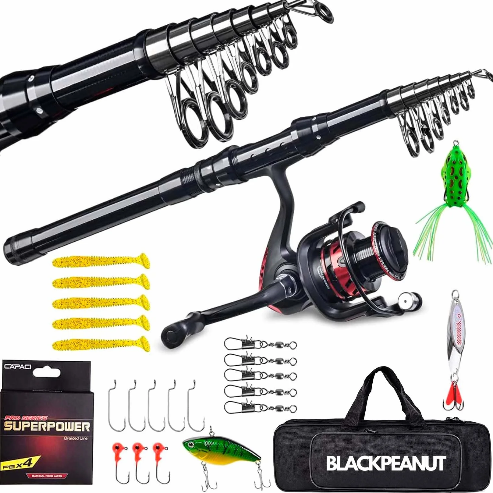 Kit de Pesca Completo - Caña de Pescar con Carrete, Señuelos, Sedal y Bolsa para Transporte – Caña de Pescar Spinning para Mar o Río – Incluye Señuelos, Sedal y Bolsa. Carrete Rojo y Negro