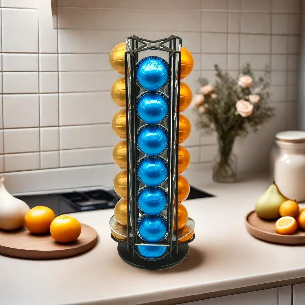 Vertuo - Soporte de carrusel para 28 cápsulas Nespresso Vertuo, organizador de almacenamiento con espacio adicional para Coffee Mate Silent Rolling, color negro