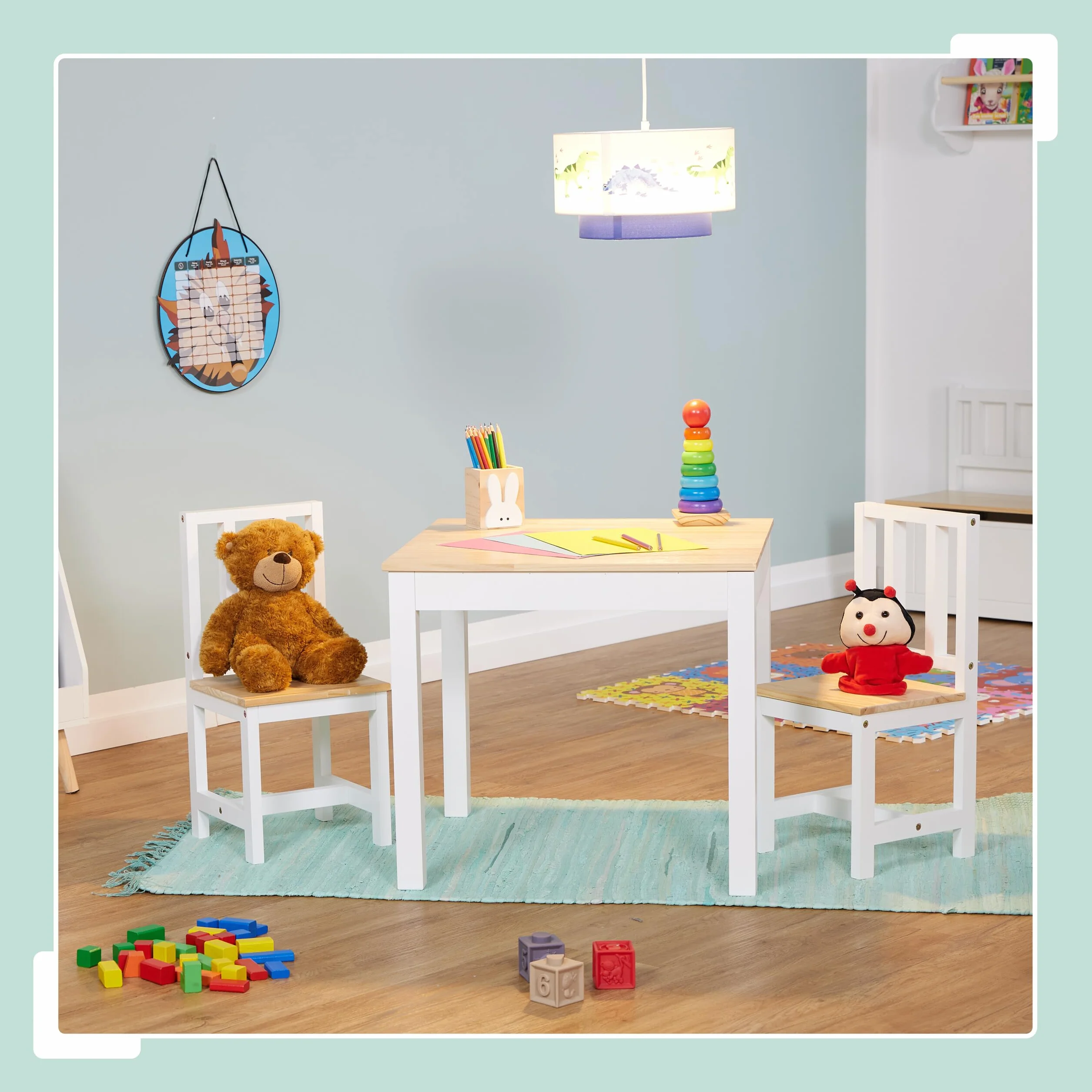 Relaxdays Mesa y 2 Sillas Infantiles, 3 Piezas, Mobiliario para Niños y Niñas, Set de Muebles Dormitorio, Blanco/Natural
