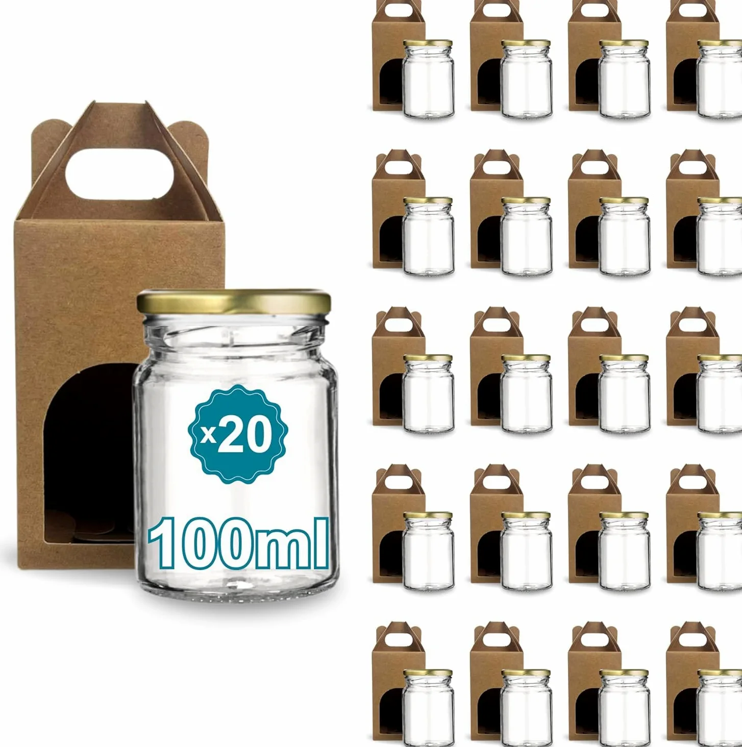 20 Tarros de Cristal 100 ml con Tapa Dorada + 20 Cajas de Cartón con Ventana – Botes de Mermelada de Regalo para Bodas y Detalles | Espirito Rebelde