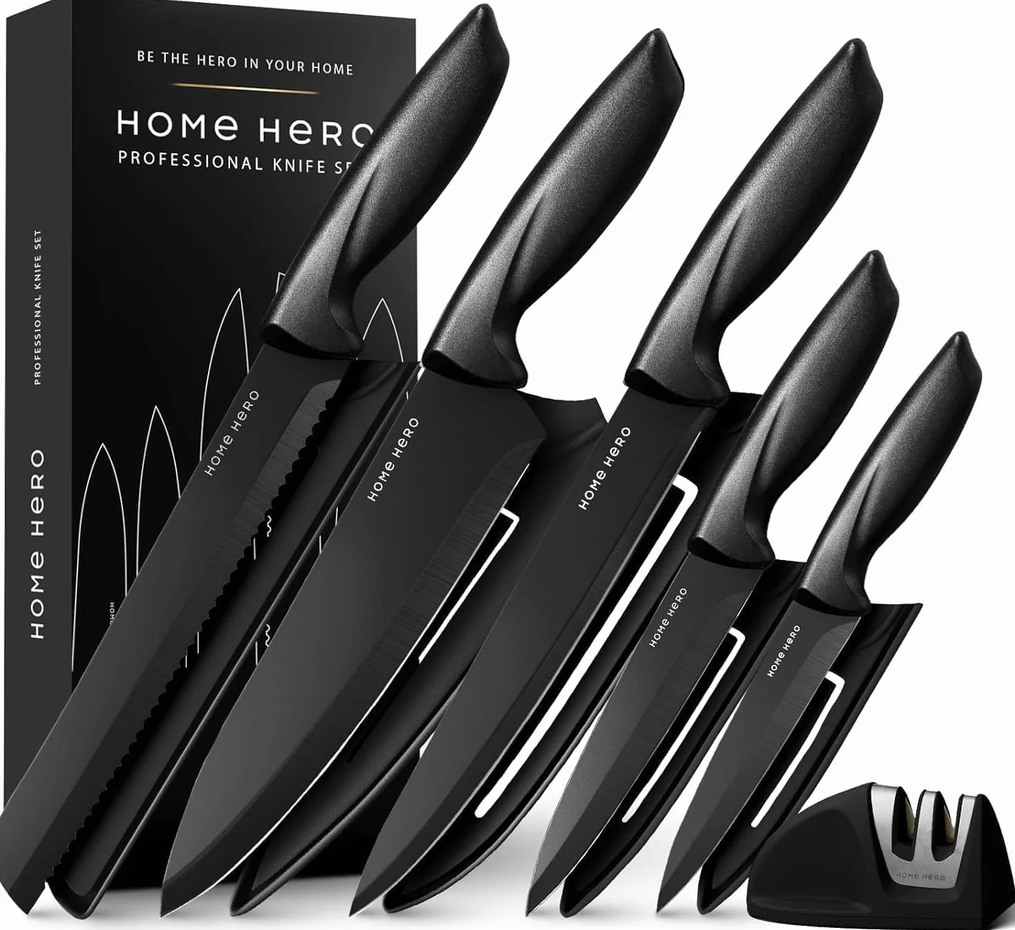 Home Hero Juego de cuchillos de cocina Juego de cuchillos de acero inoxidable con mango ergonómico (11 piezas con Vaina - Negro)