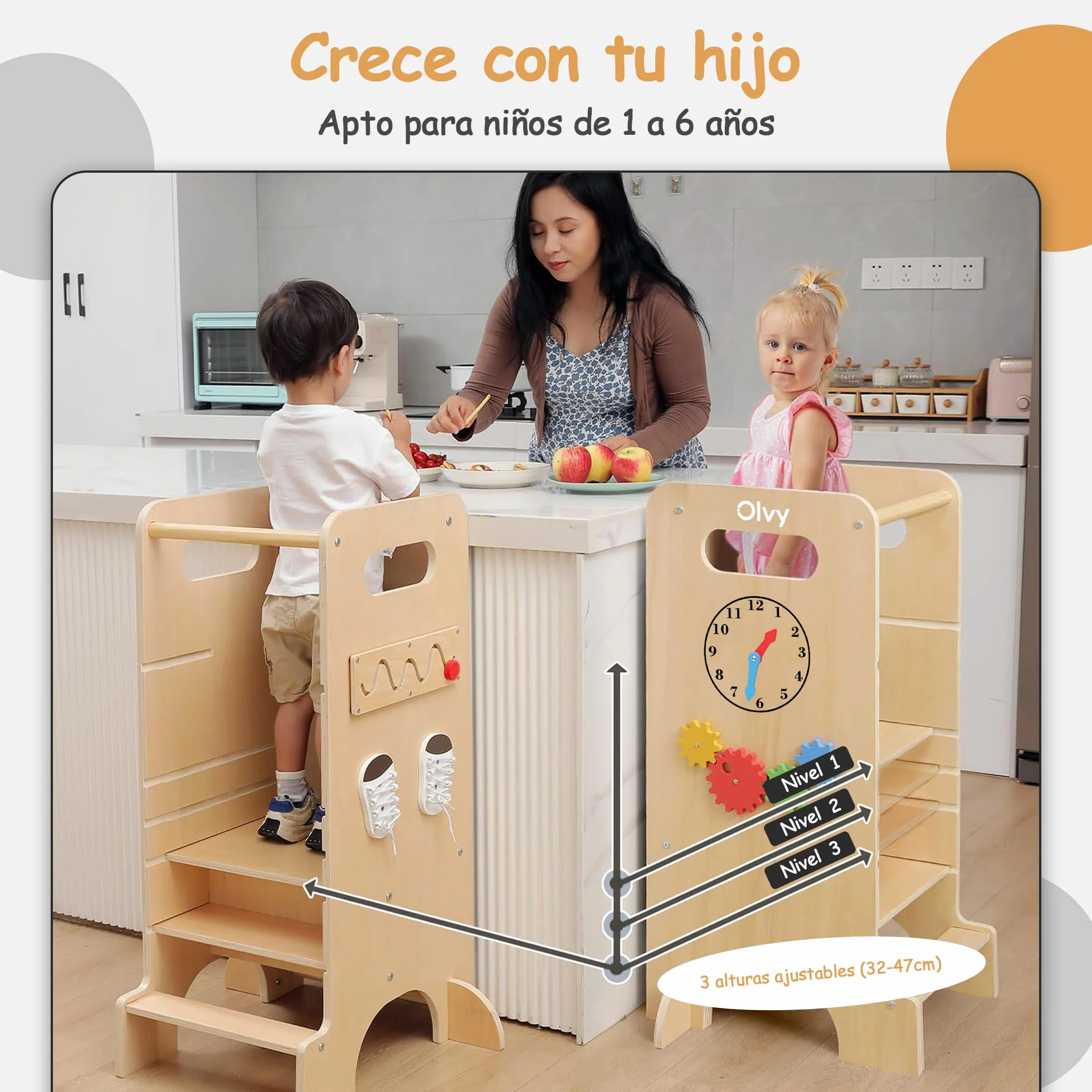 Olvy Kids Torre de Aprendizaje Montessori 4 en 1 - Taburete Escalón de Madera Plegable para Cocina