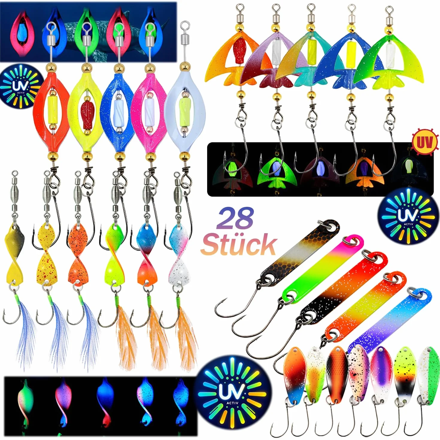 Cucharillas Pesca para Trucha y Lubina, Kits de Señuelos con Caja de Plástico, 2g-4g, Ultravioleta