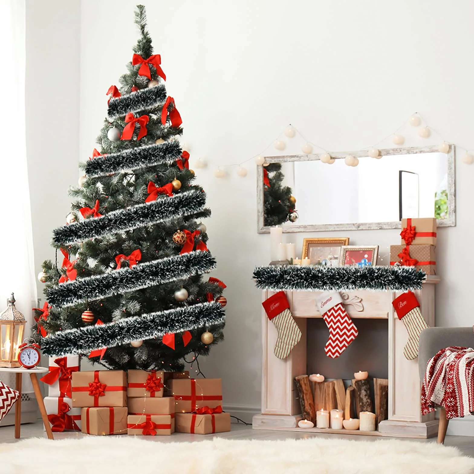 5 PCS Espumillón y Guirnalda de Oropel de Navidad - 2M Decorativa para Árbol, Abeto Artificial - para Bodas, Casas, Fiestas (A)
