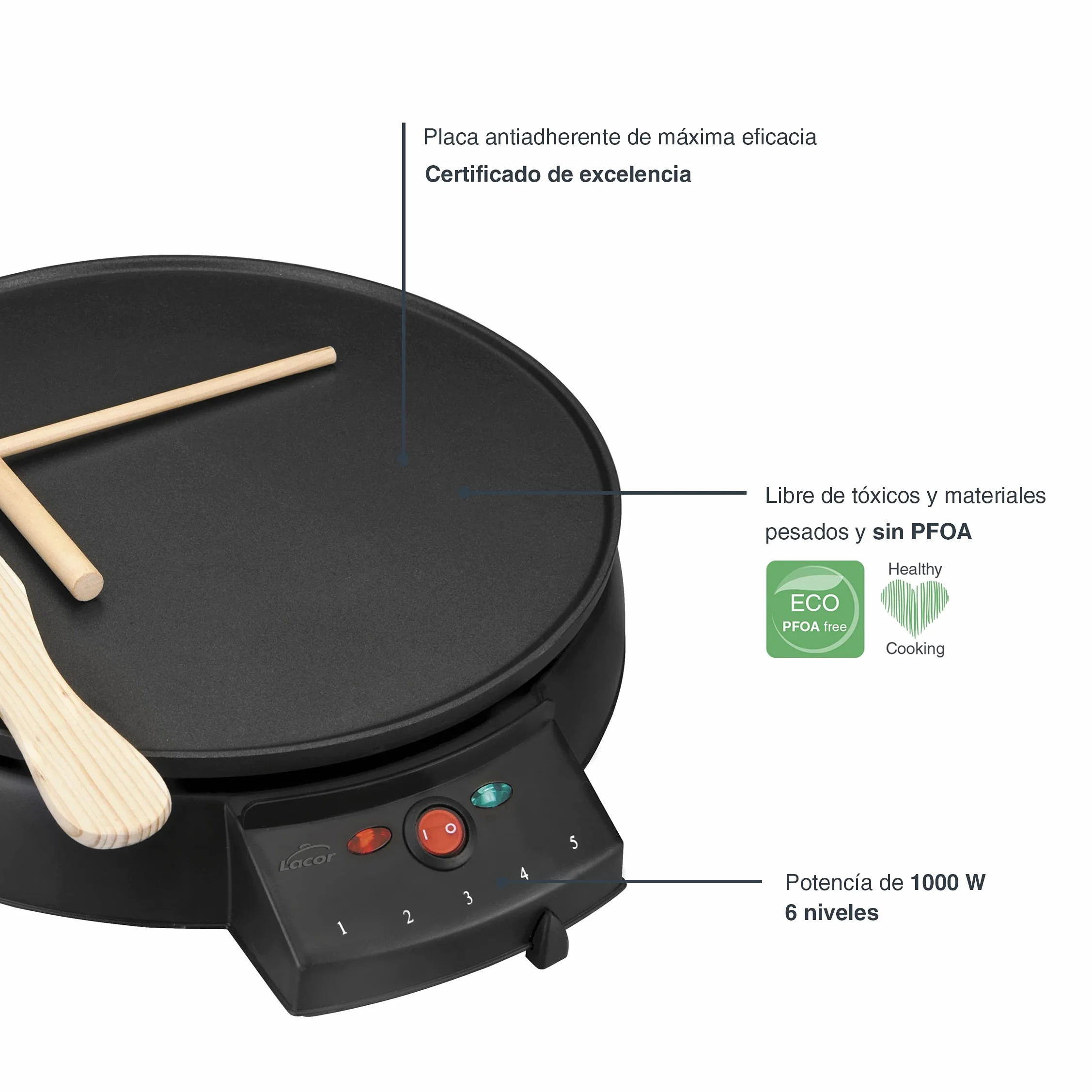 LACOR - 69122 - Crepera Eléctrica Black, Placa para hacer Creps, Base de Aluminio Antiadherente, Espátula y Rastrillo Incluído, Temperatura máx 200ºC, 1000 W, Libre de BPA, Negro