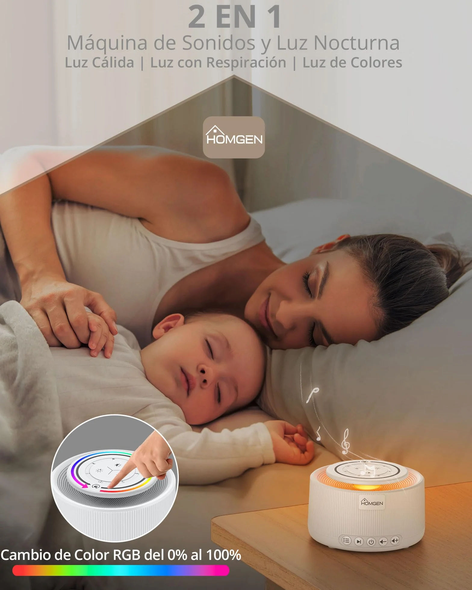 HOMGEN Máquina de Ruido Blanco con Luz Nocturna y 30 Sonidos, Recargable USB, Blanco