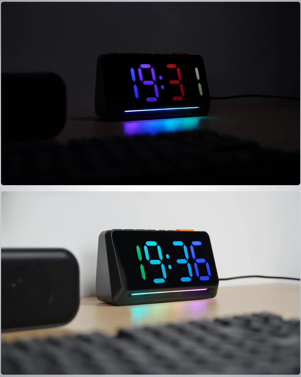 Despertador digital con números grandes, despertador digital con pantalla RGB, reloj digital extra con brillo ajustable, alarma fuerte, despertador enchufable con luz nocturna, puerto de carga
