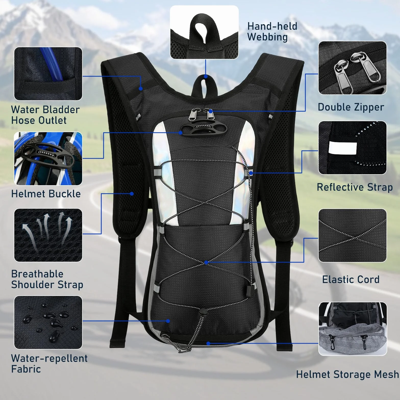 Mochila de Hidratación 2L Impermeable para Running Ciclismo MTB con Red para Casco Tiras Reflectantes