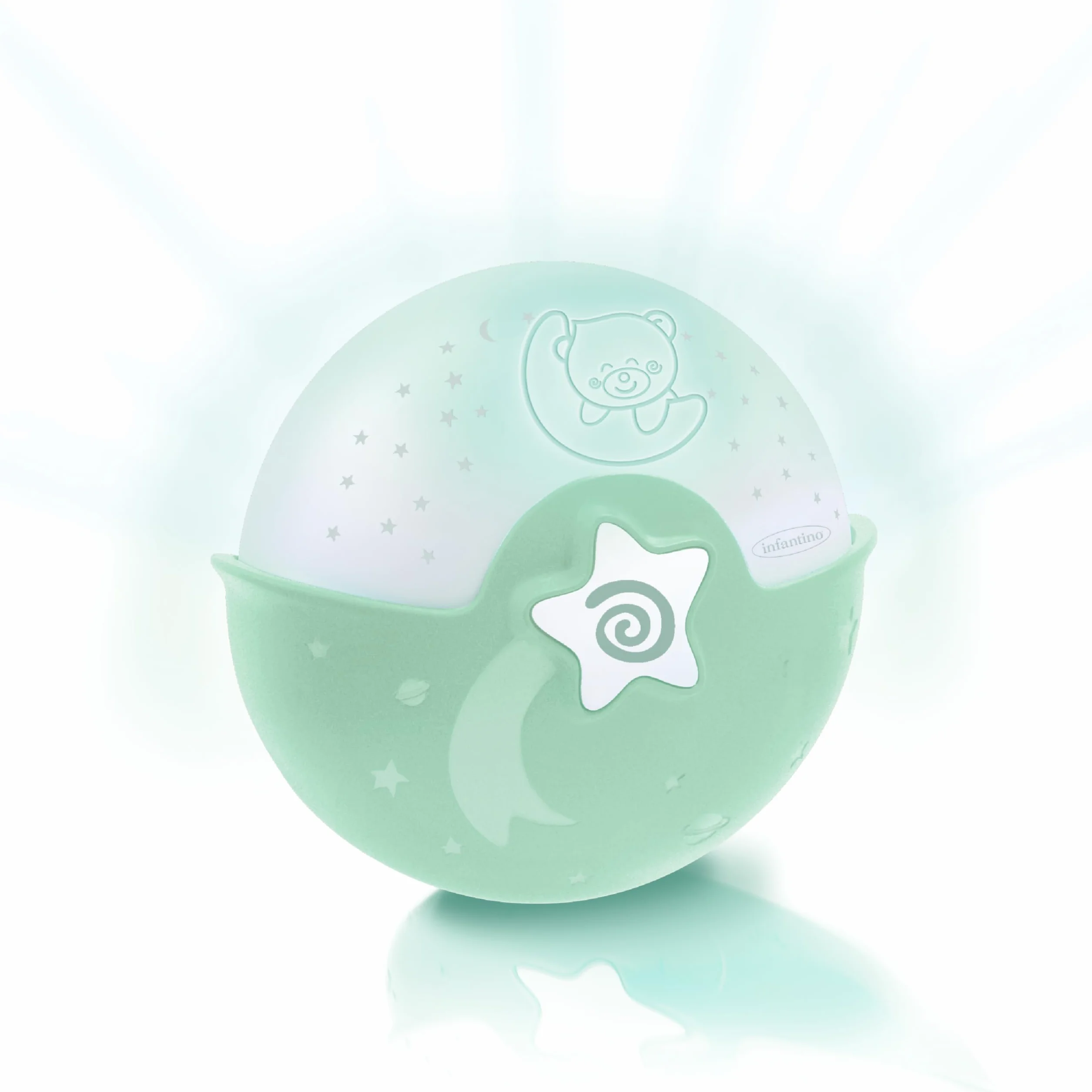 Infantino Luz Calmante y Proyector Nocturna con Clip para Cuna Grow-with-Me, Proyector de Estrellas y Luz de Mesa con Melodías y Sensores de Sonido, Salvia