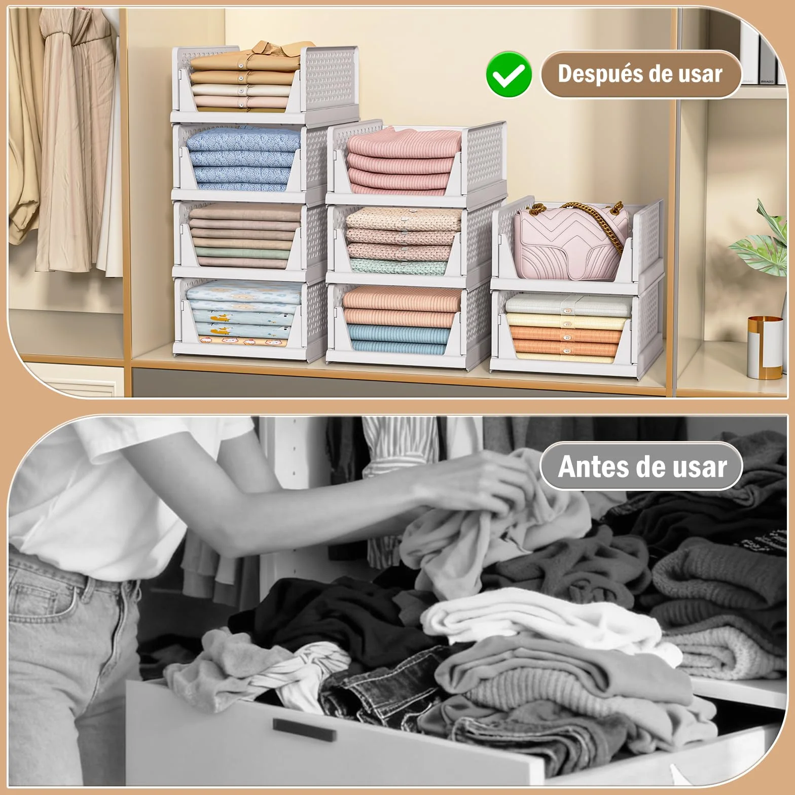 TidyIsles Organizador Armario Plegable Apilable 4 Unidades, Cajonera Plástico Separadores, Almacenamiento Ropa para Dormitorio Baño Blanco