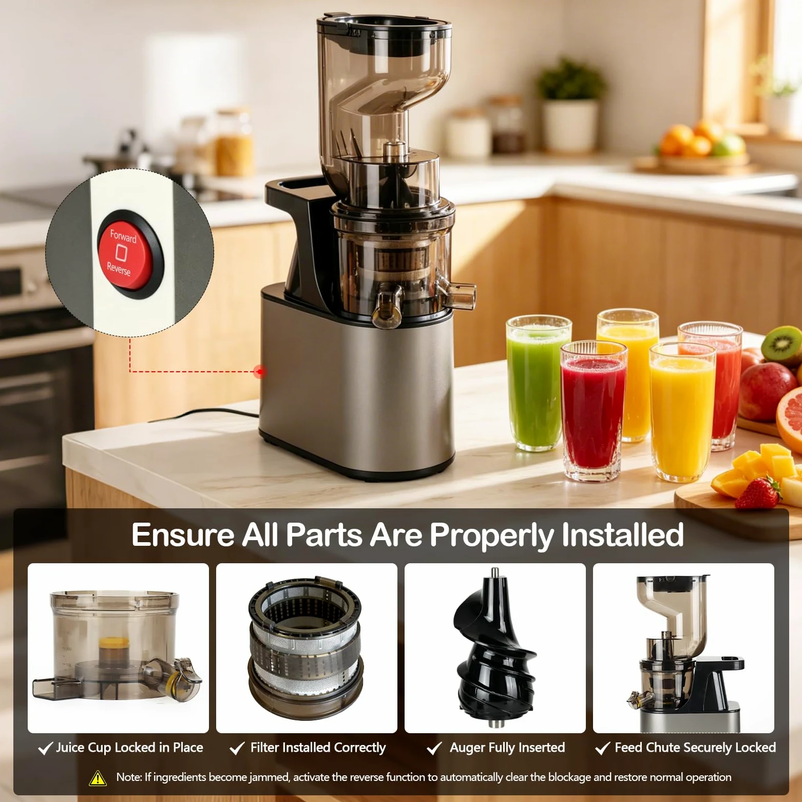 Extractor de Jugo Slow Juicer 1L, Entrada XXL de 160 mm | Hasta 97 % de Rendimiento, 2 Sistemas de Filtro para Zumo Sorbete Leche Vegetal & Helado de Frutas, Recetario Incluido