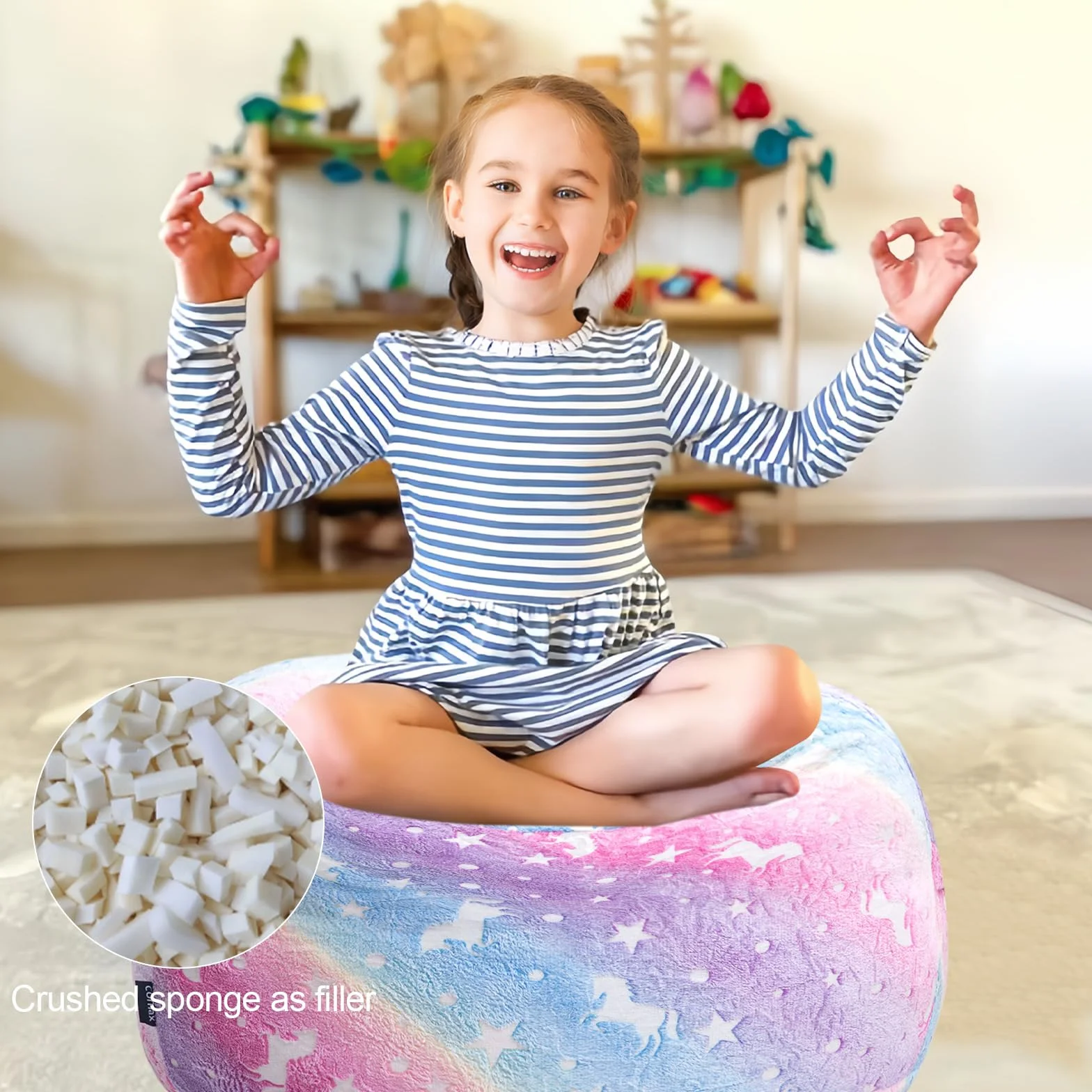 MeMoreCool Puf para niños que se convierte en cama puf, silla para niños pequeños para leer, sofá para niños perezosos con relleno, colchón convertible para suelo, 75 x 75 x 47 cm, arcoíris